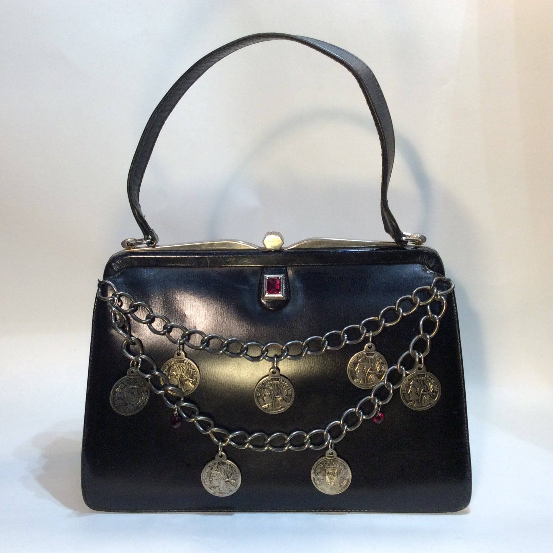 1950s Up-cycled Black Leather Frame Handbag