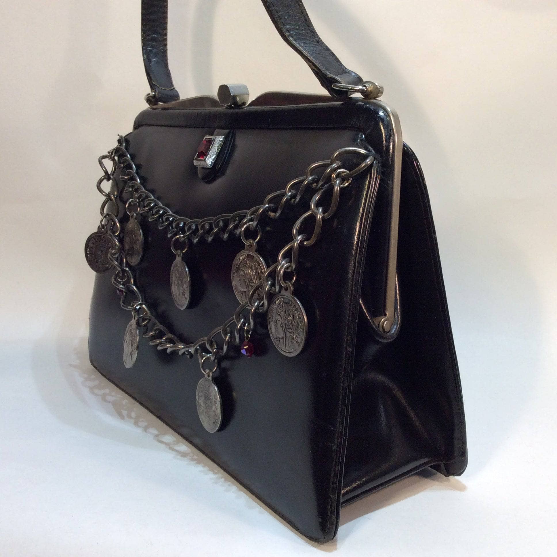 1950s Up-cycled Black Leather Frame Handbag - Image 3