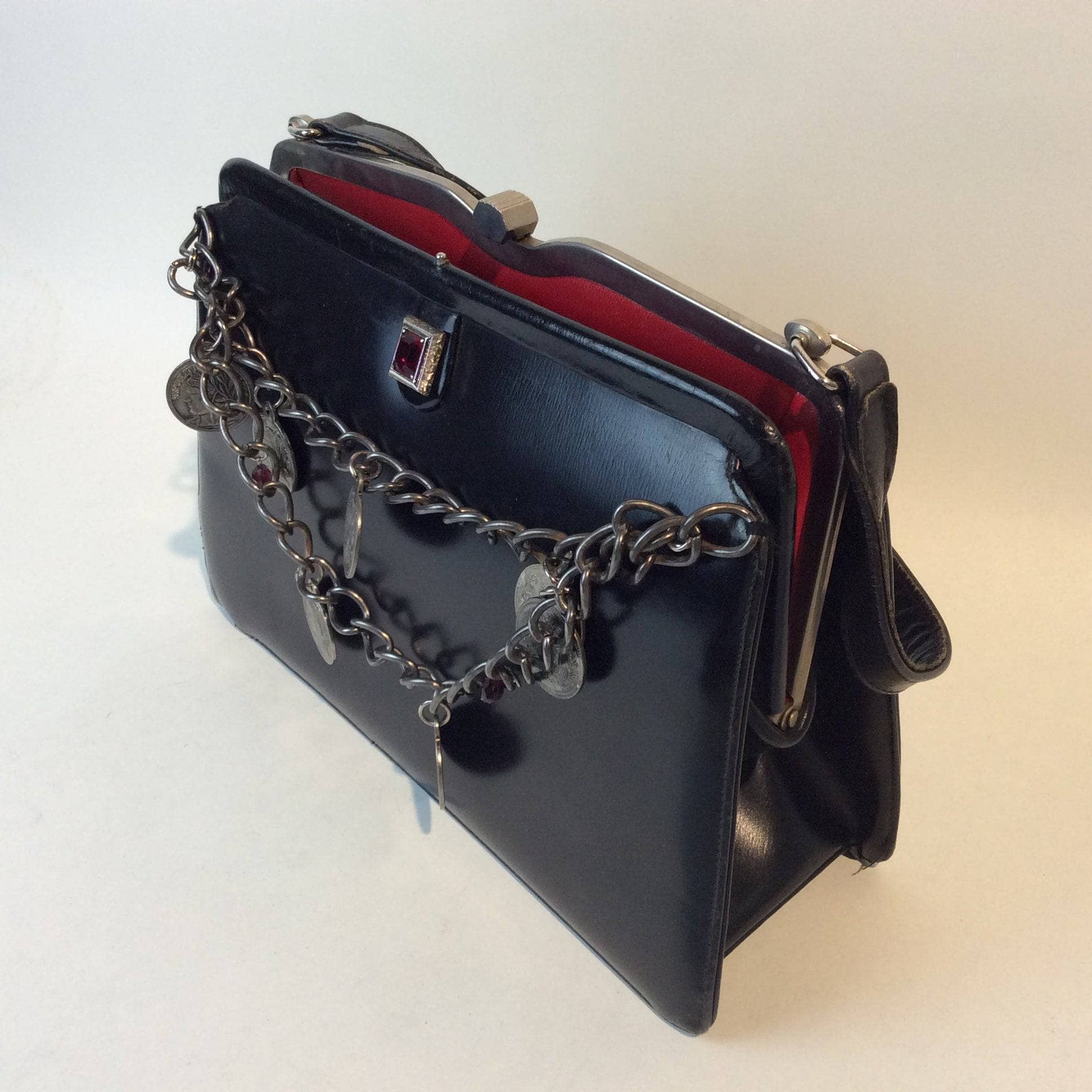 1950s Up-cycled Black Leather Frame Handbag - Image 4