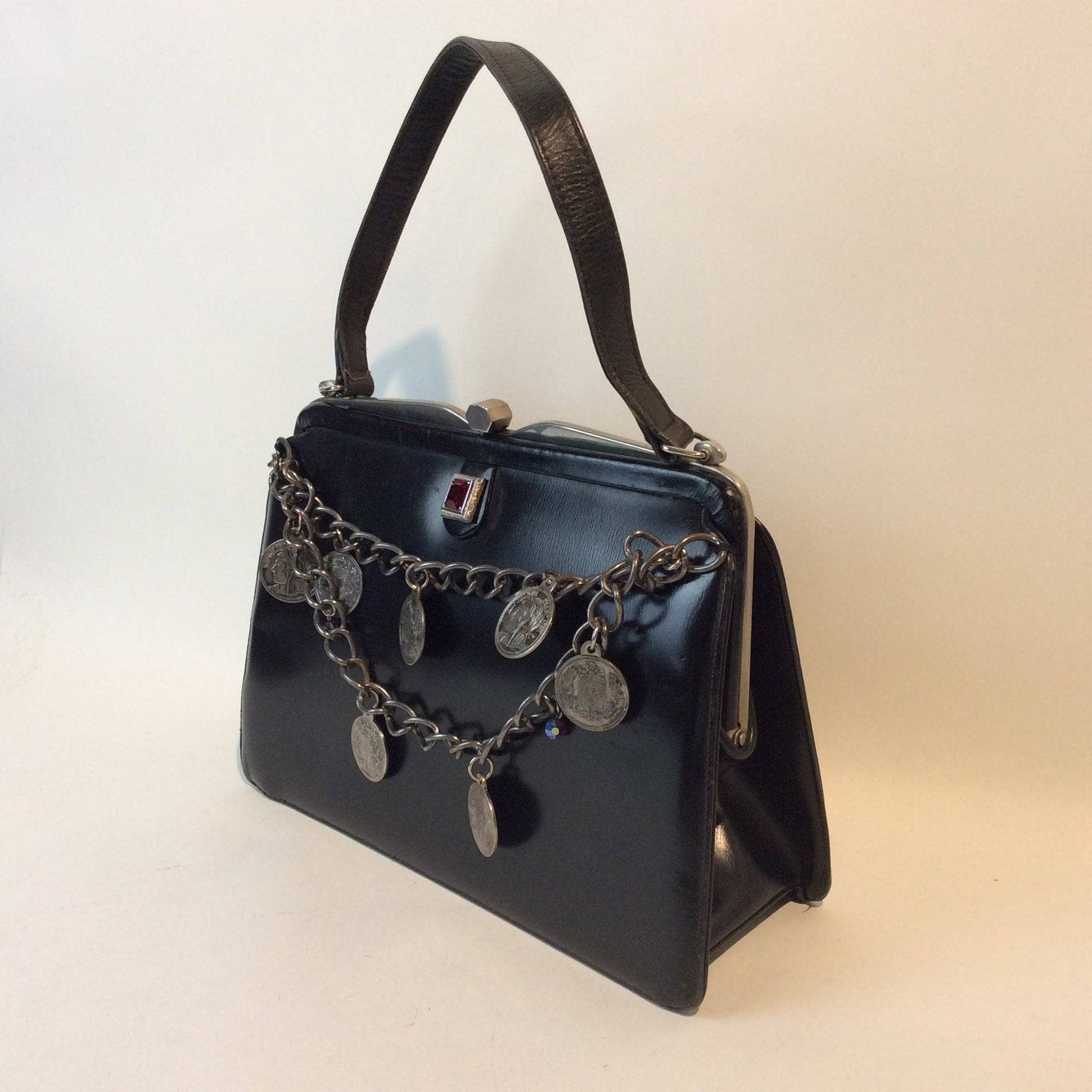 1950s Up-cycled Black Leather Frame Handbag - Image 7