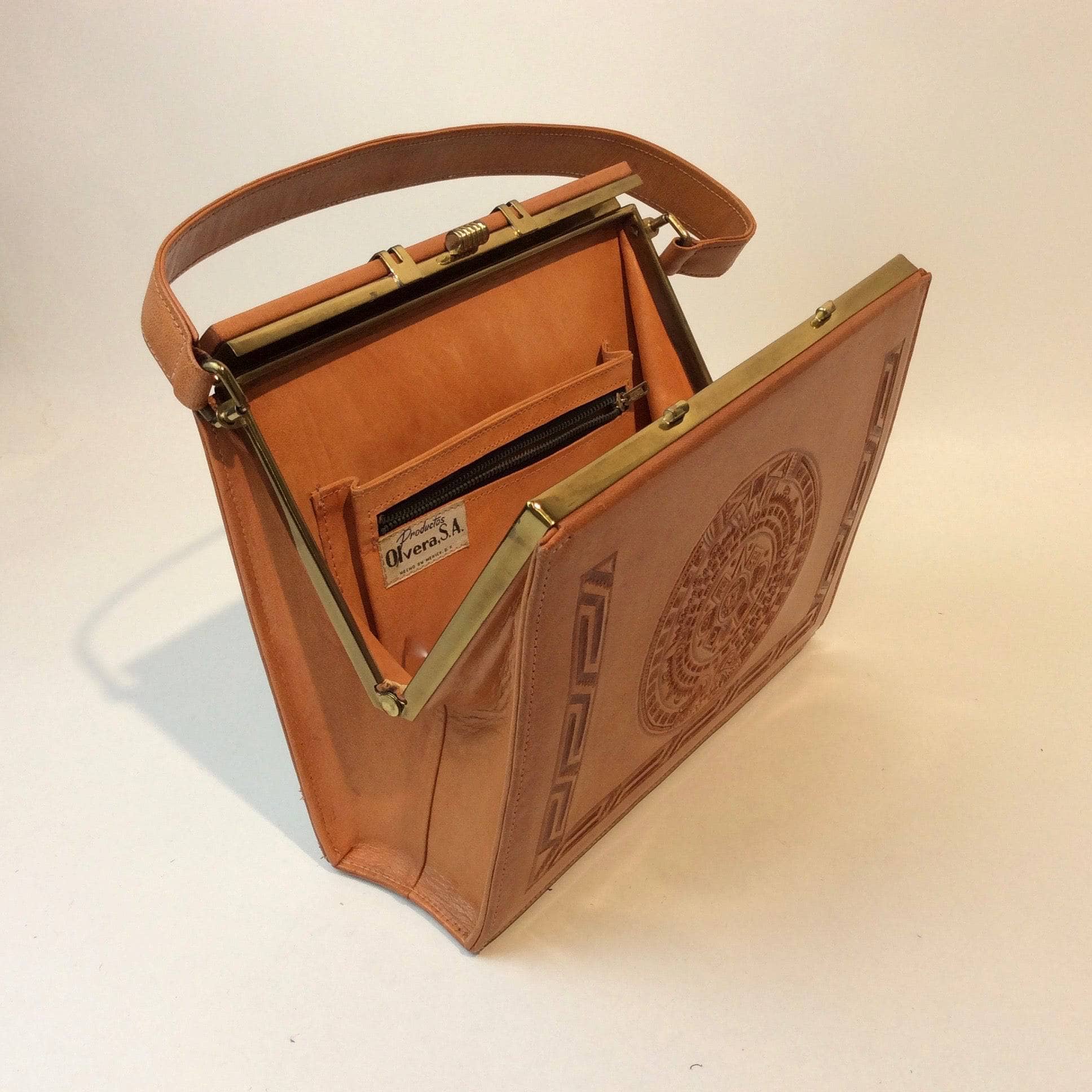 1950s Vintage Floral and Aztec Calendar Tooled Tan Leather Purse - Image 5