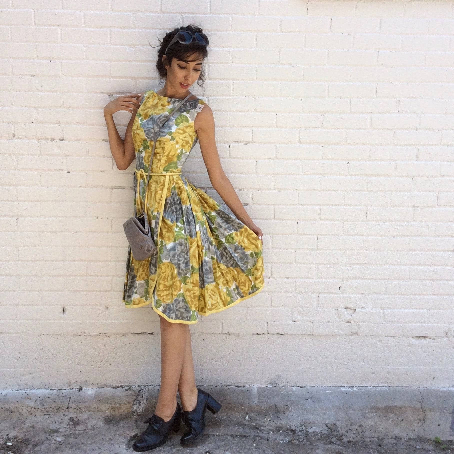 1950s Yellow Floral Cotton Dress Small - Image 5