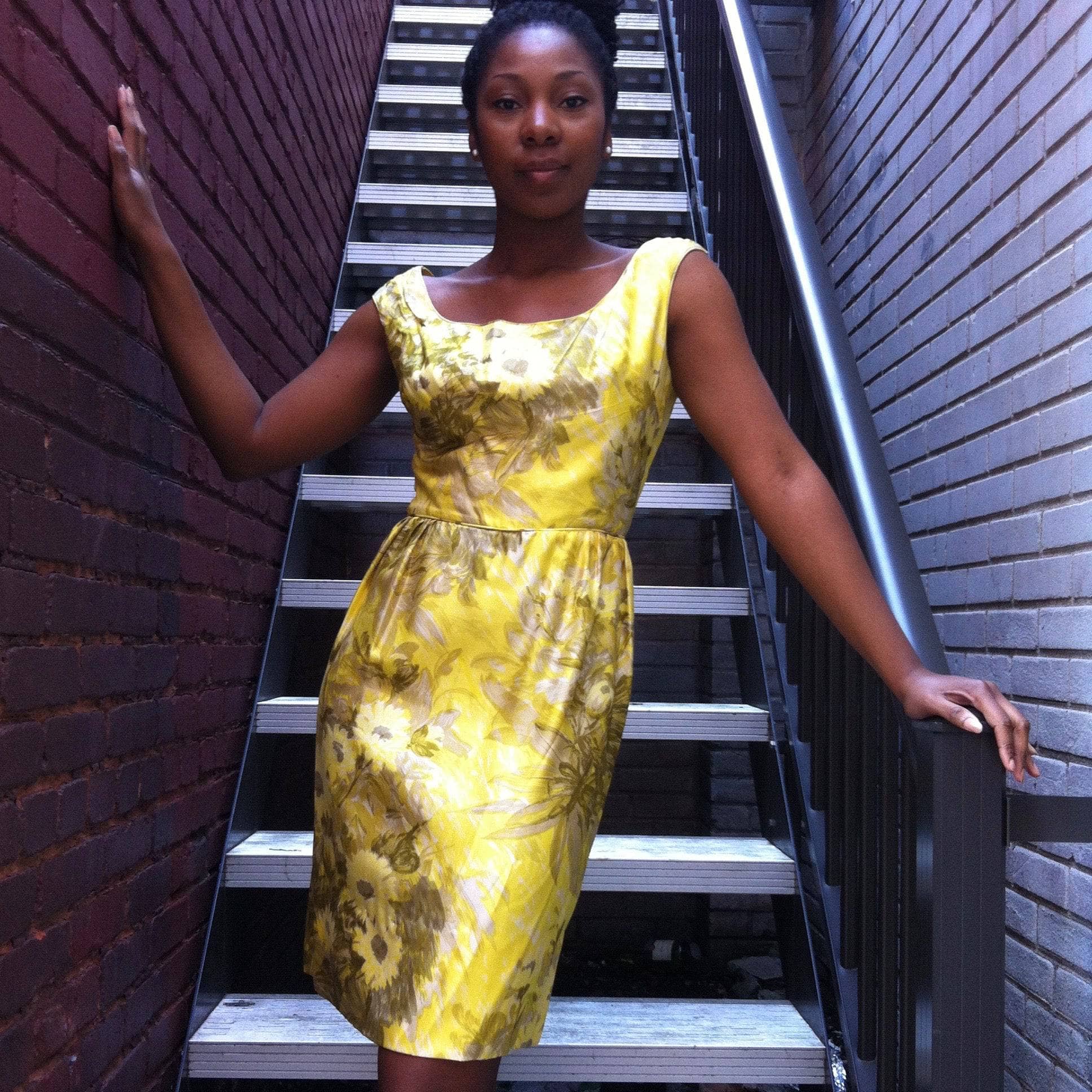 1950s Yellow Silk Floral Print Cocktail Dress Small - Image 3