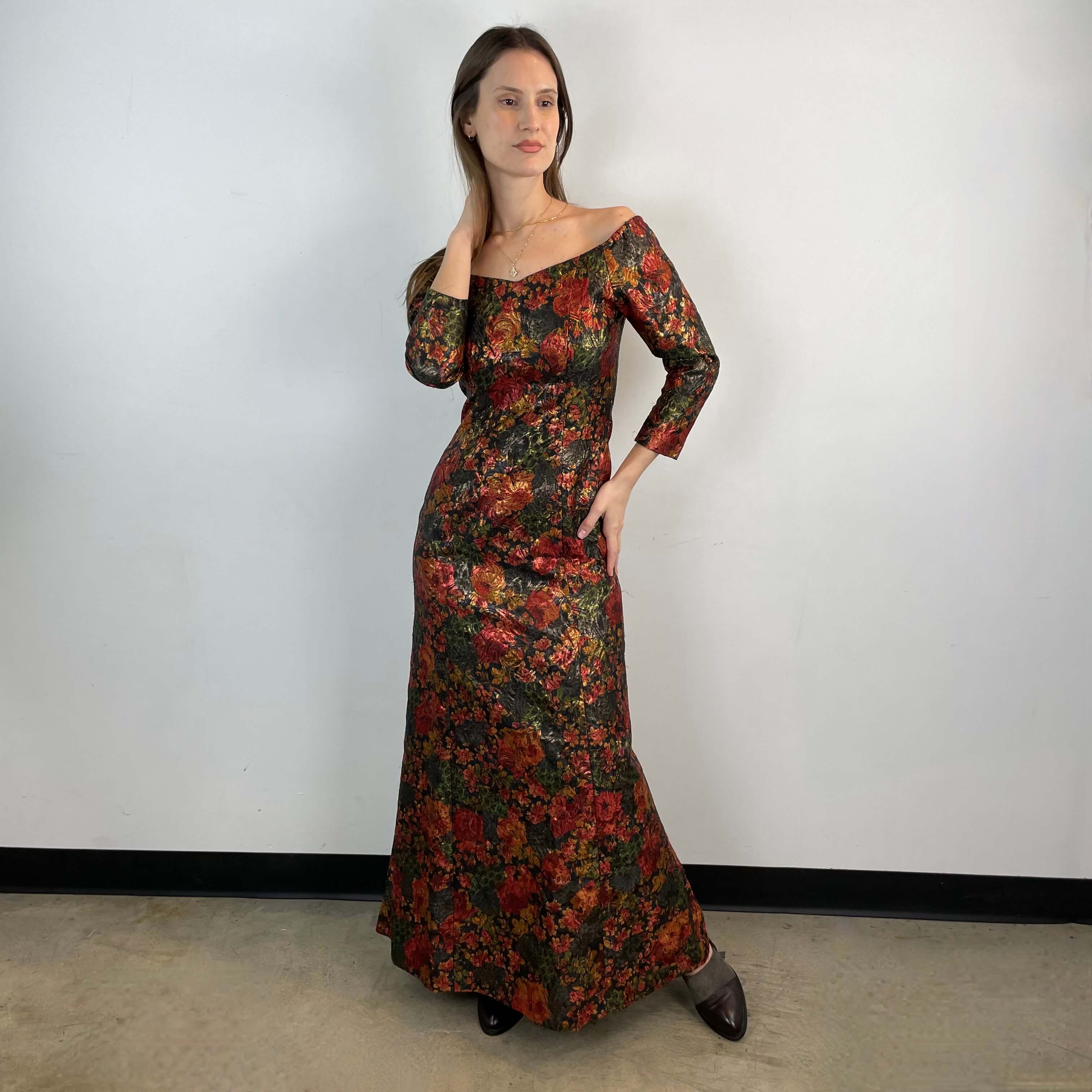 1970s Off-the-Shoulder Metallic Brocade Gown Small/Medium