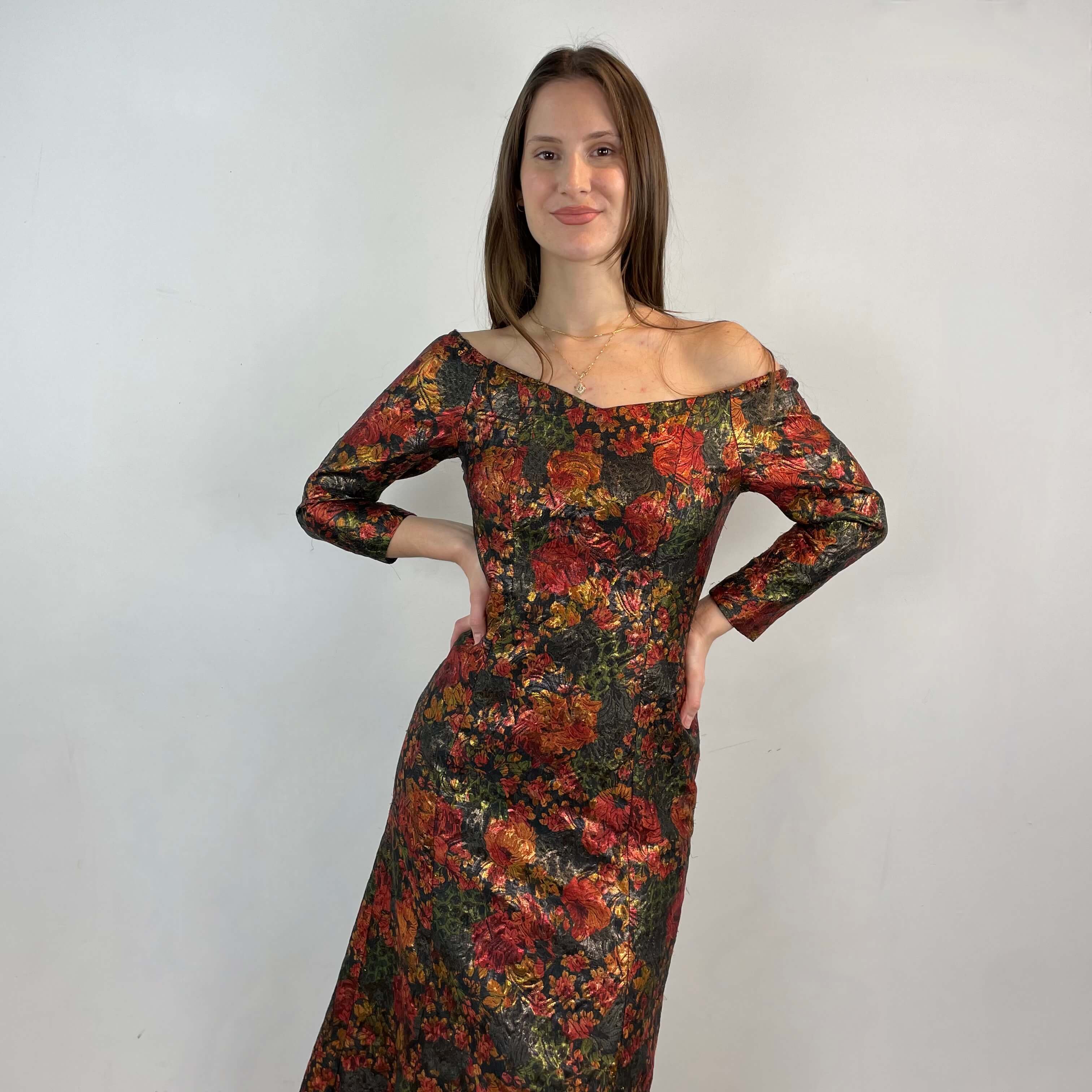 1970s Off-the-Shoulder Metallic Brocade Gown Small/Medium - Image 4
