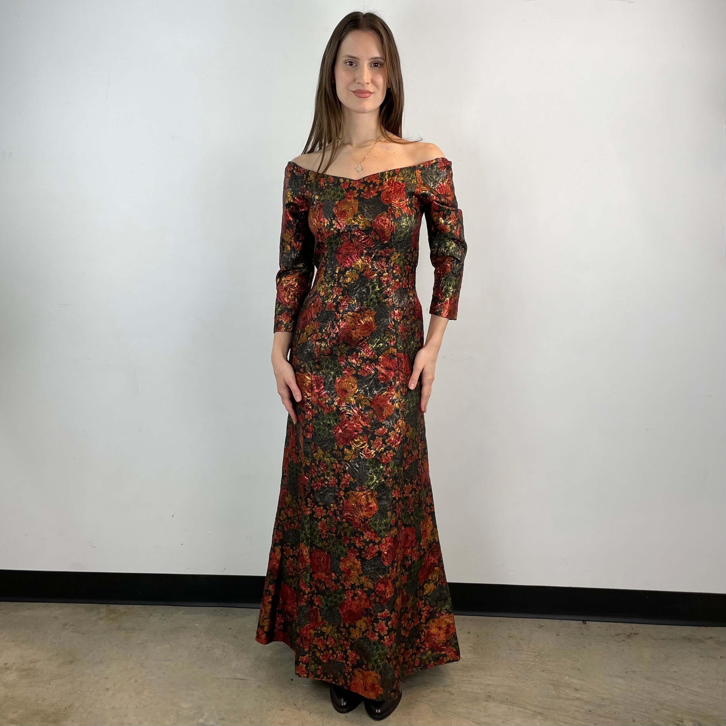 1970s Off-the-Shoulder Metallic Brocade Gown Small/Medium - Image 5