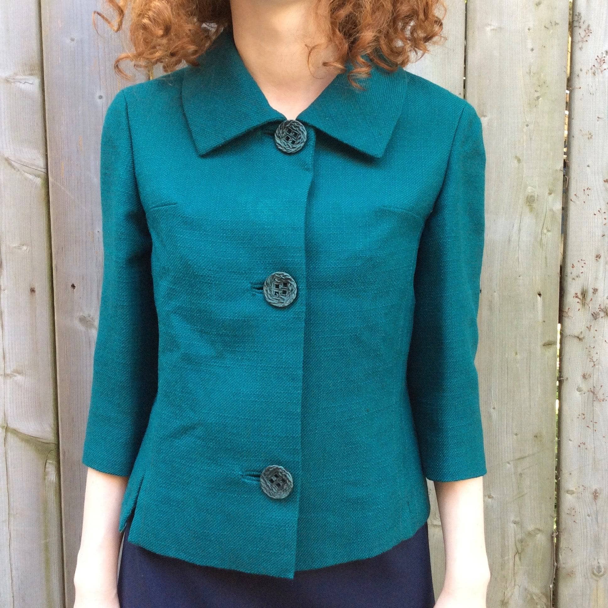 1960s 3/4 Sleeve Teal Wool Blazer S/M - Image 6