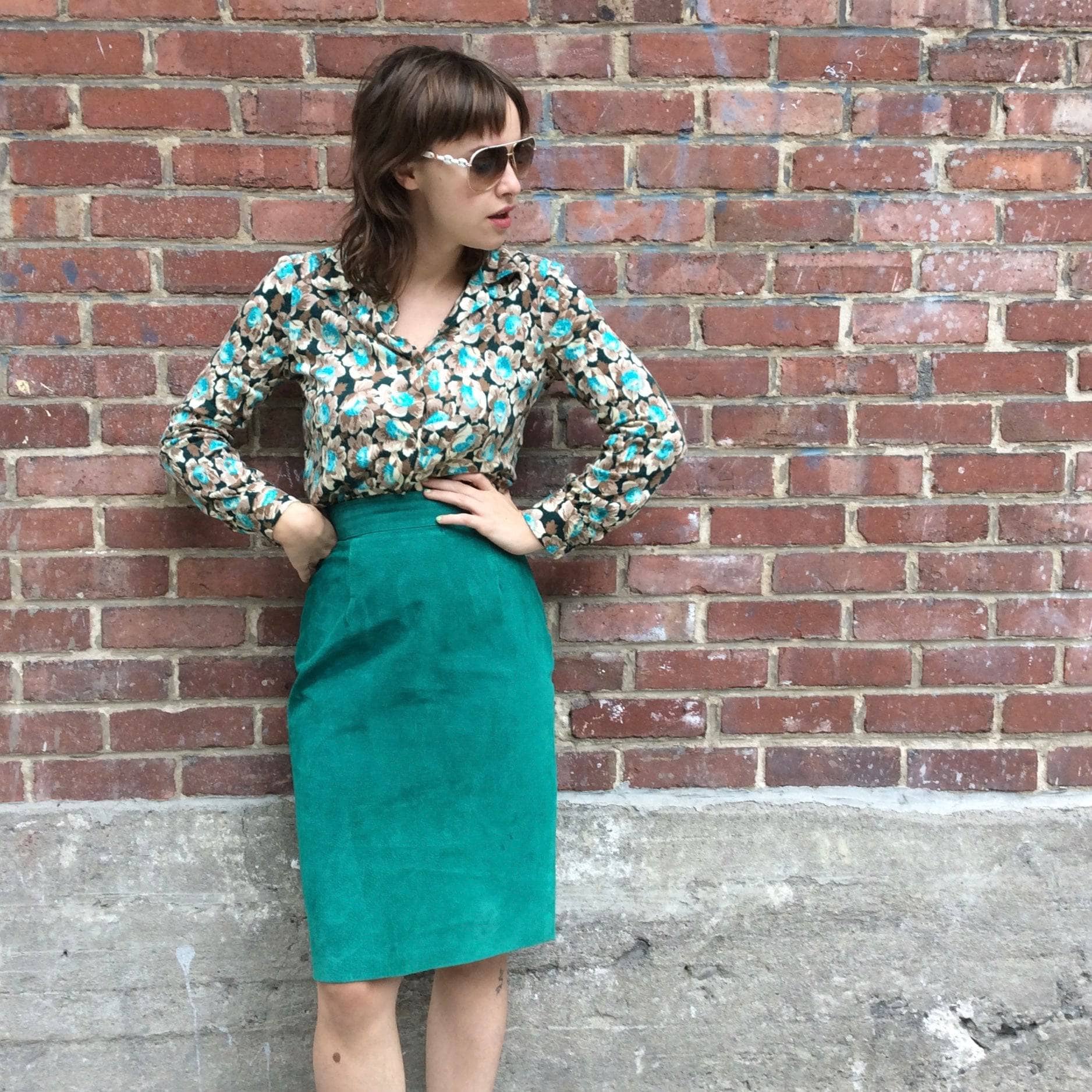 1960s-70s Floral Print Jersey Blouse Medium/Large