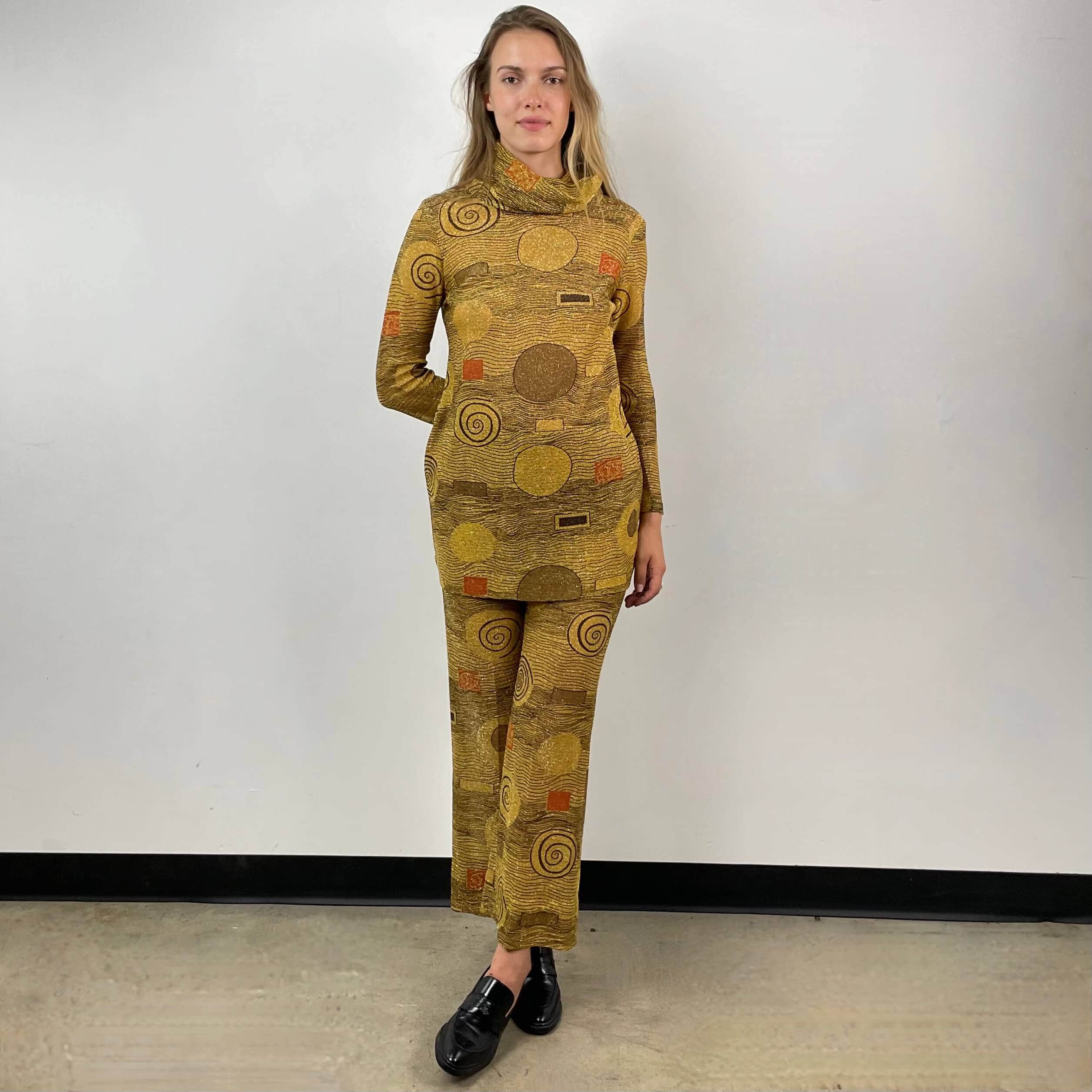 1960s-70s Gold Patterned Mini Dress and Pant Set Small - Image 4
