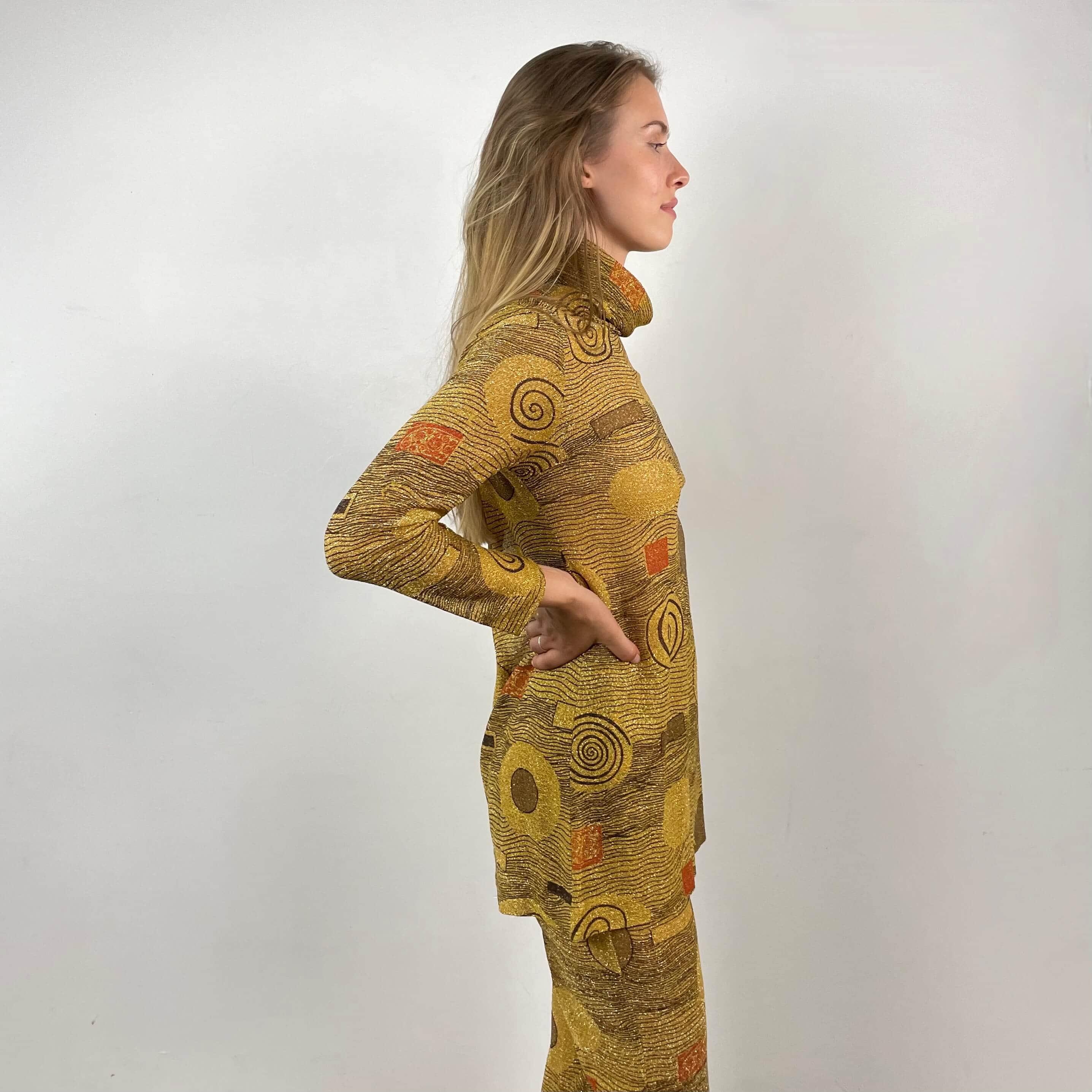 1960s-70s Gold Patterned Mini Dress and Pant Set Small - Image 5