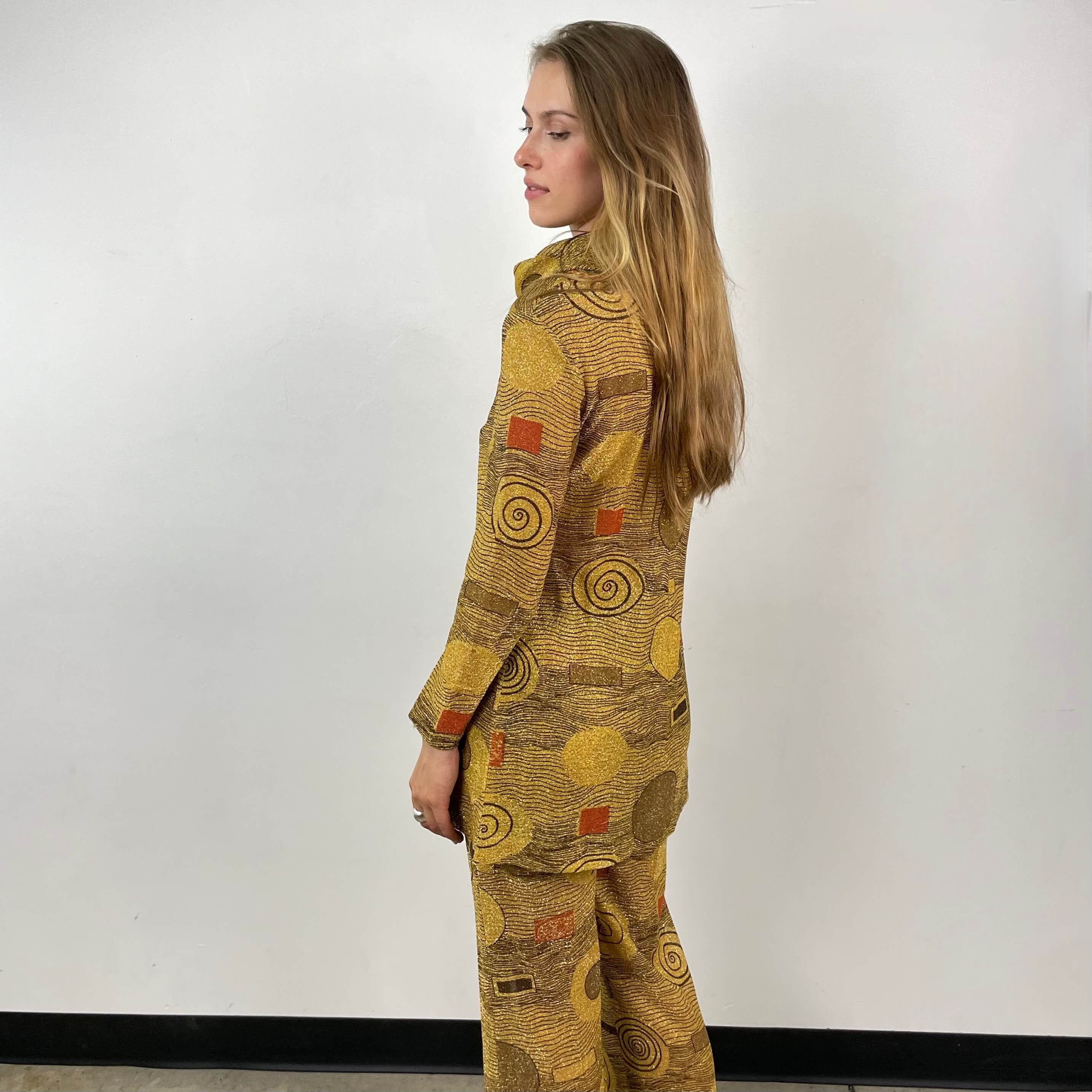 1960s-70s Gold Patterned Mini Dress and Pant Set Small - Image 6