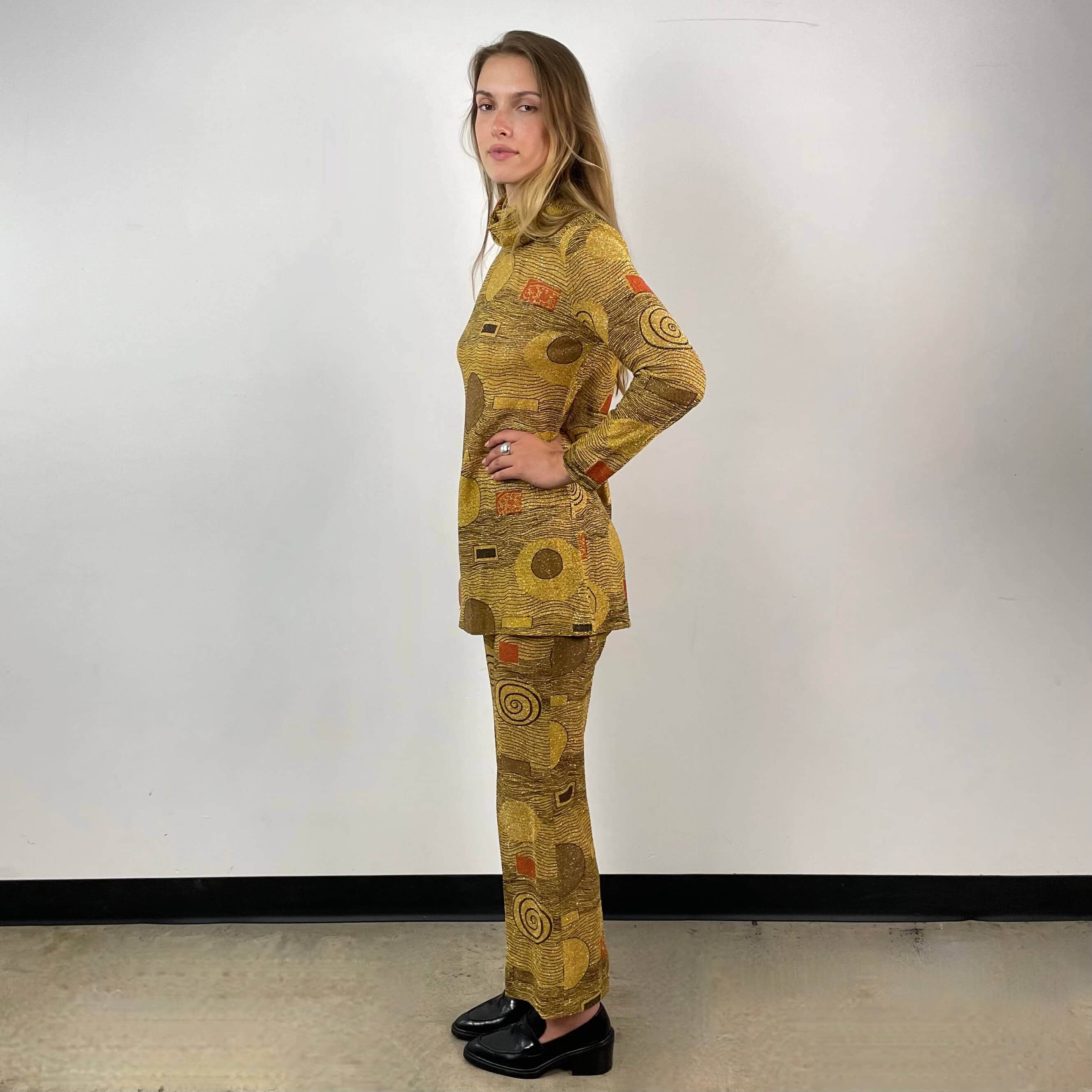 1960s-70s Gold Patterned Mini Dress and Pant Set Small - Image 7