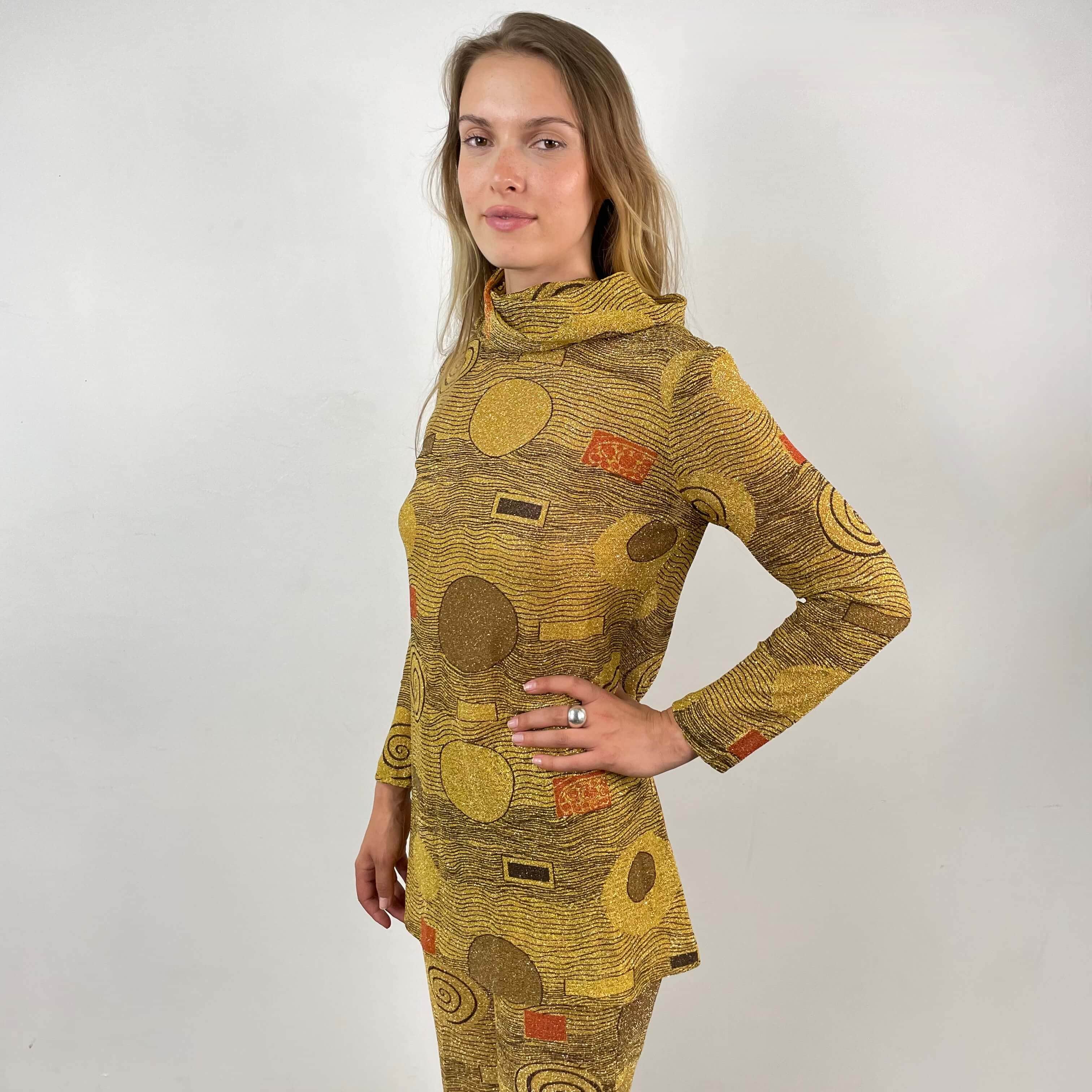 1960s-70s Gold Patterned Mini Dress and Pant Set Small - Image 8
