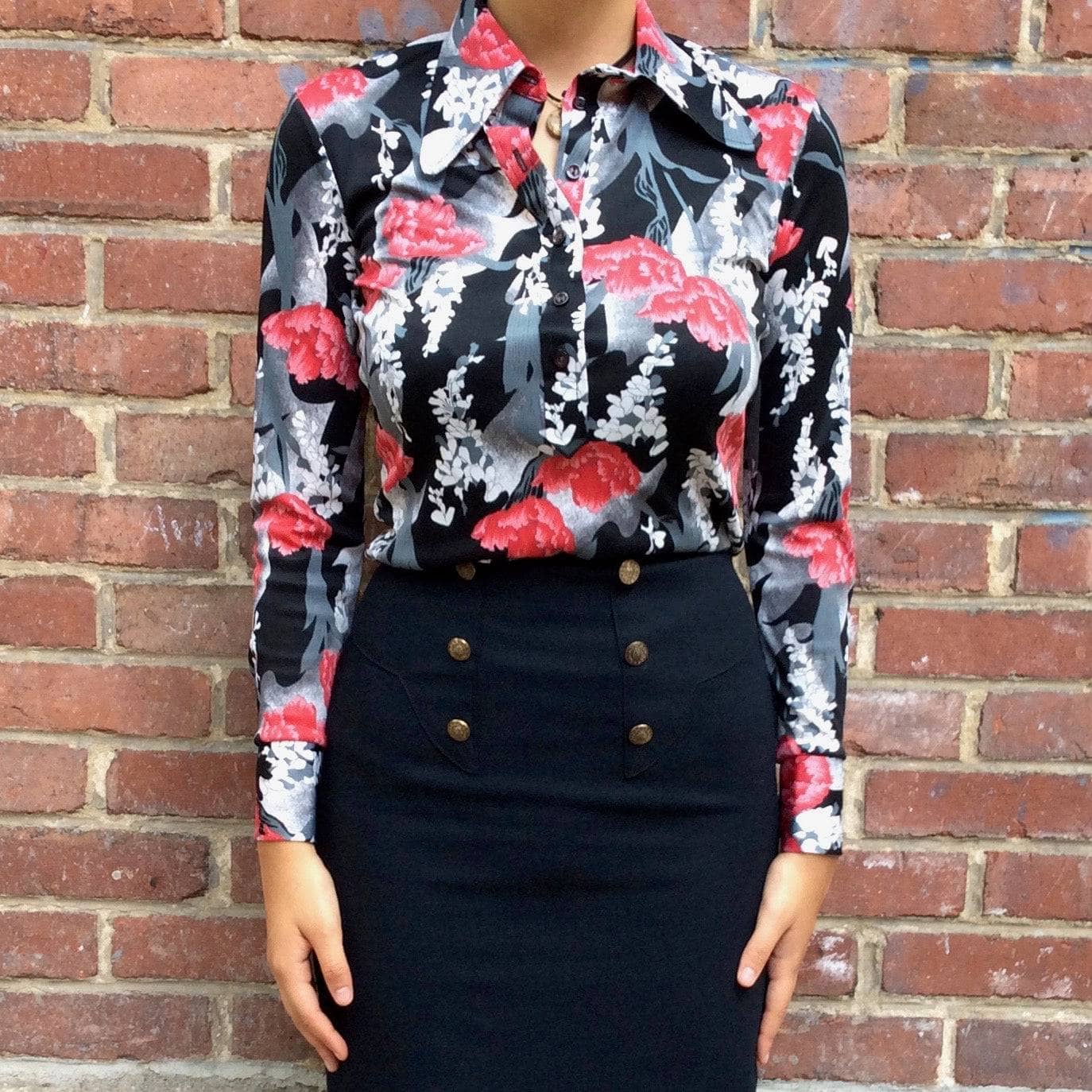1960s-70s Long Sleeve Floral Print Shirt Small/Medium - Image 3
