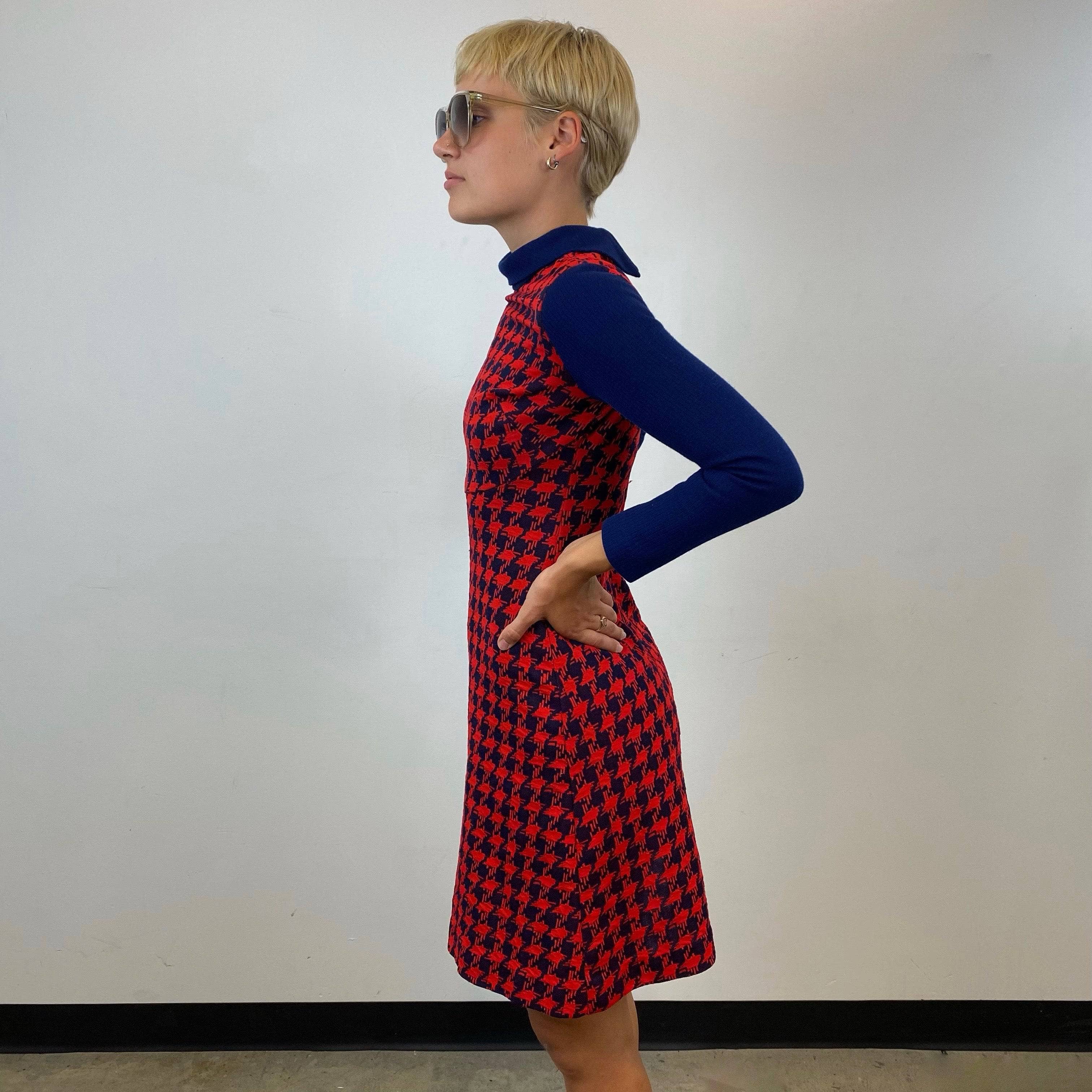 1960s-70s Long Sleeve Houndstooth Dress Small - Image 3