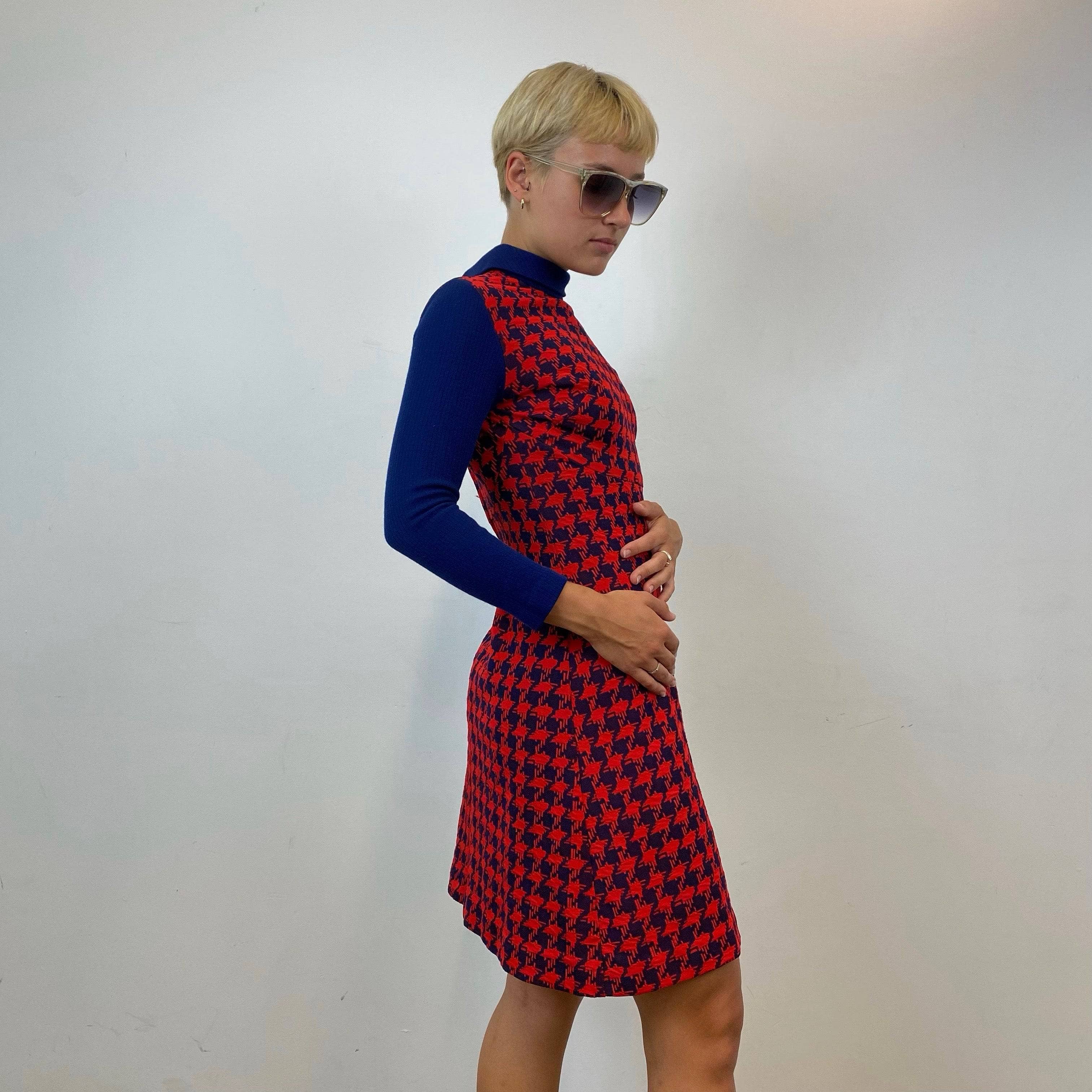 1960s-70s Long Sleeve Houndstooth Dress Small - Image 5