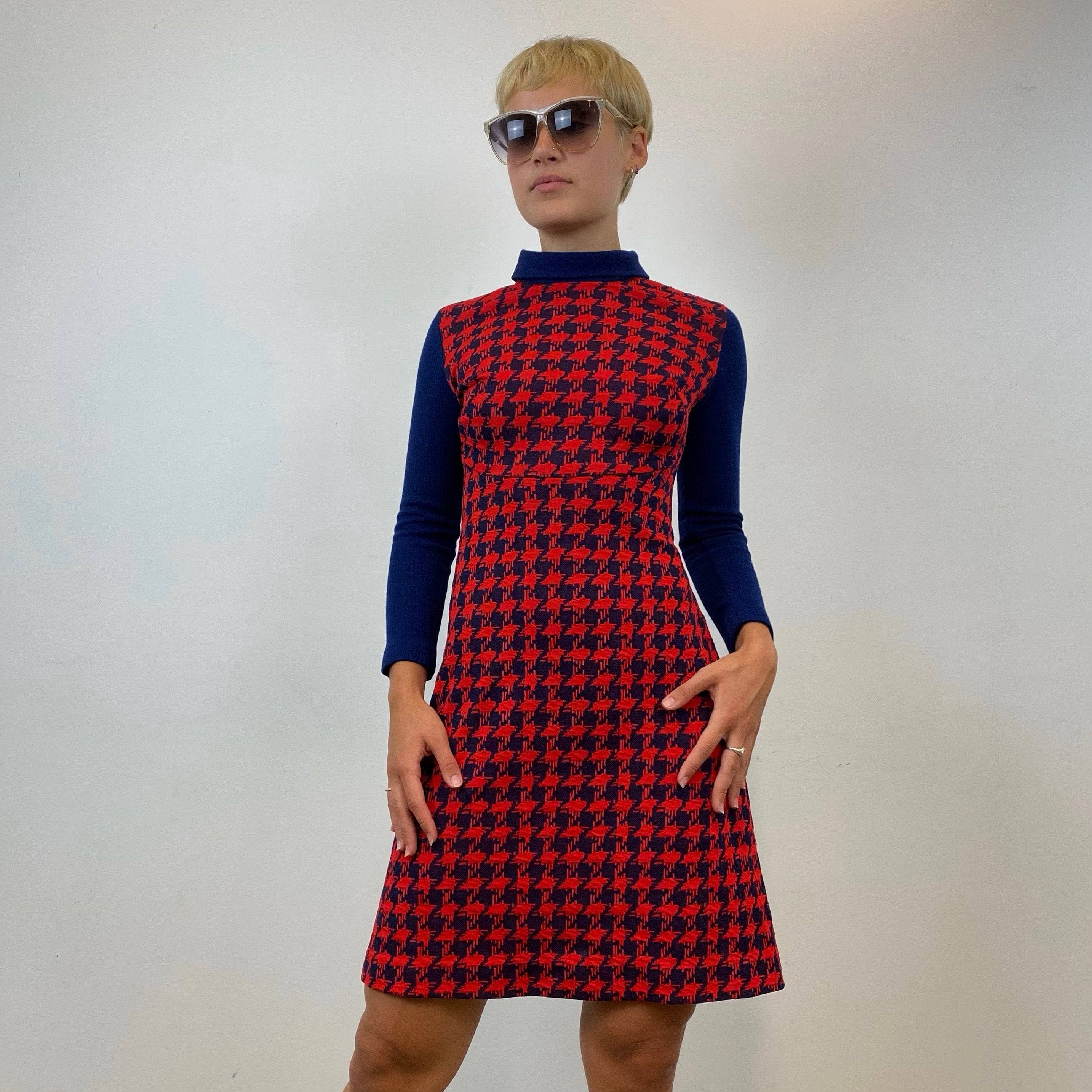 1960s-70s Long Sleeve Houndstooth Dress Small - Image 6