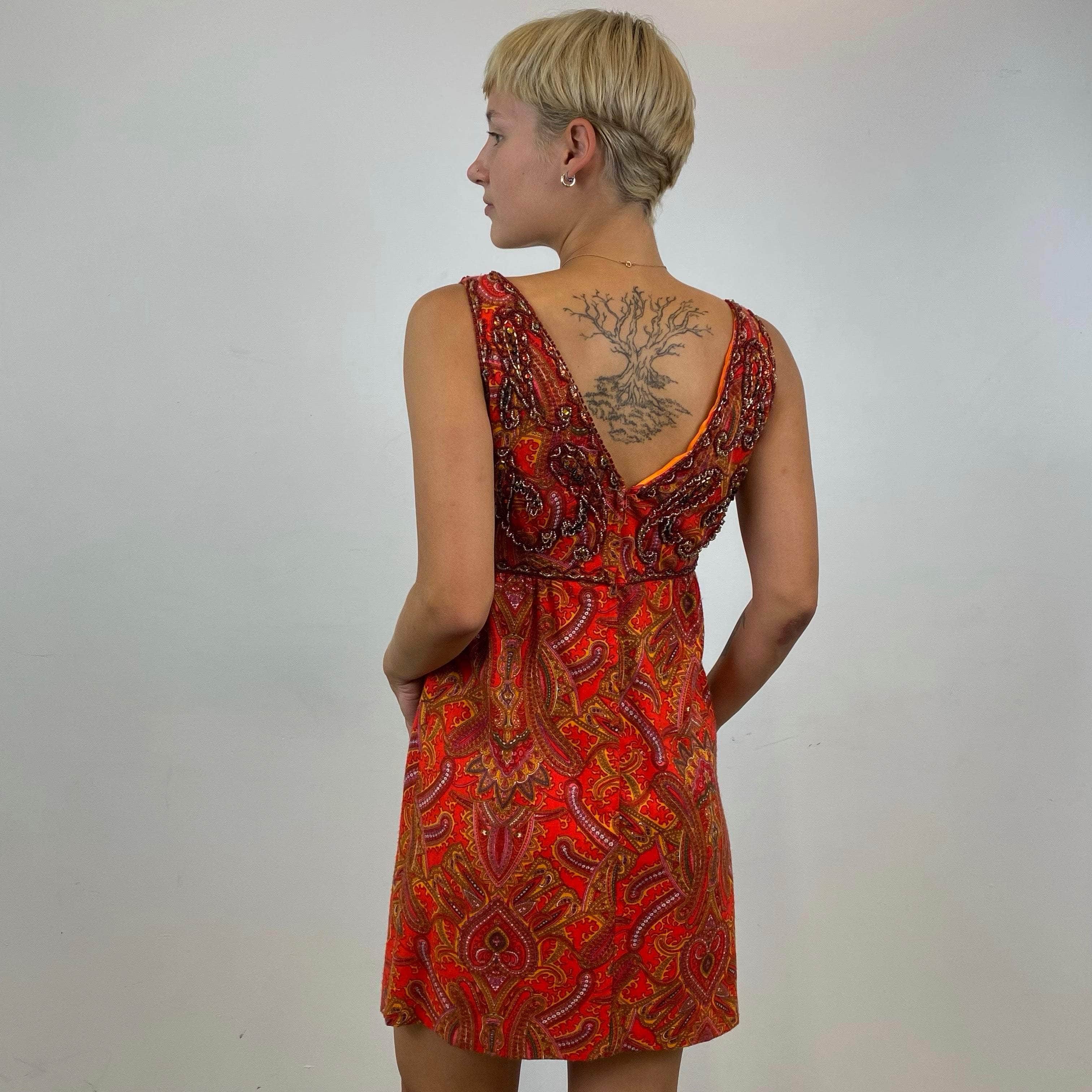 1960s Beaded Paisley Print Cocktail Mini Dress Small - Image 2