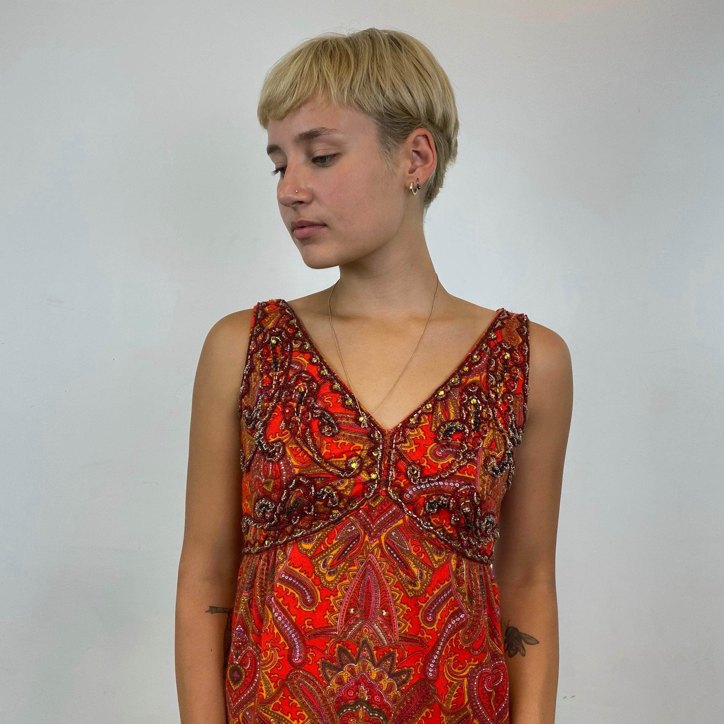 1960s Beaded Paisley Print Cocktail Mini Dress Small - Image 3
