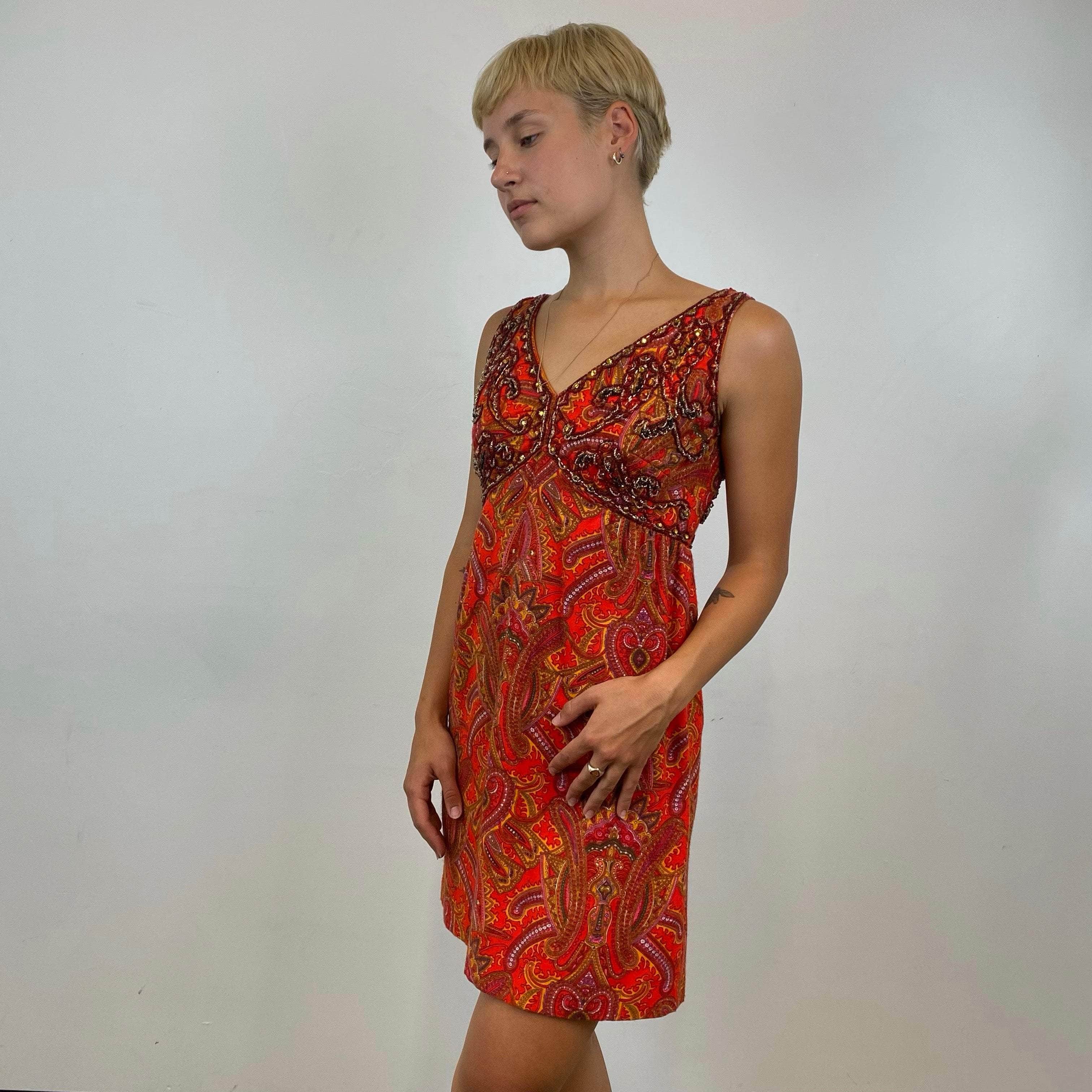 1960s Beaded Paisley Print Cocktail Mini Dress Small - Image 4