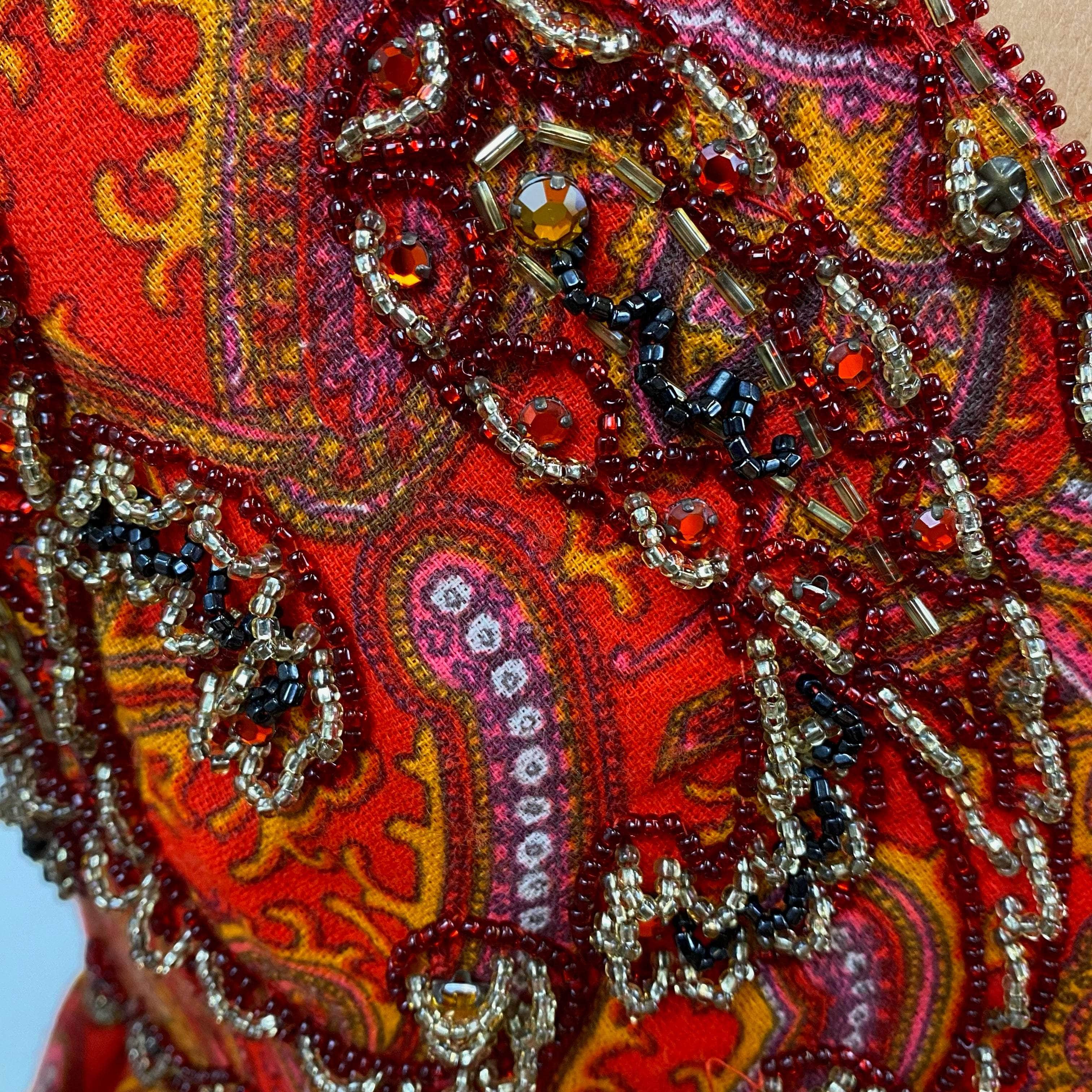 1960s Beaded Paisley Print Cocktail Mini Dress Small - Image 5