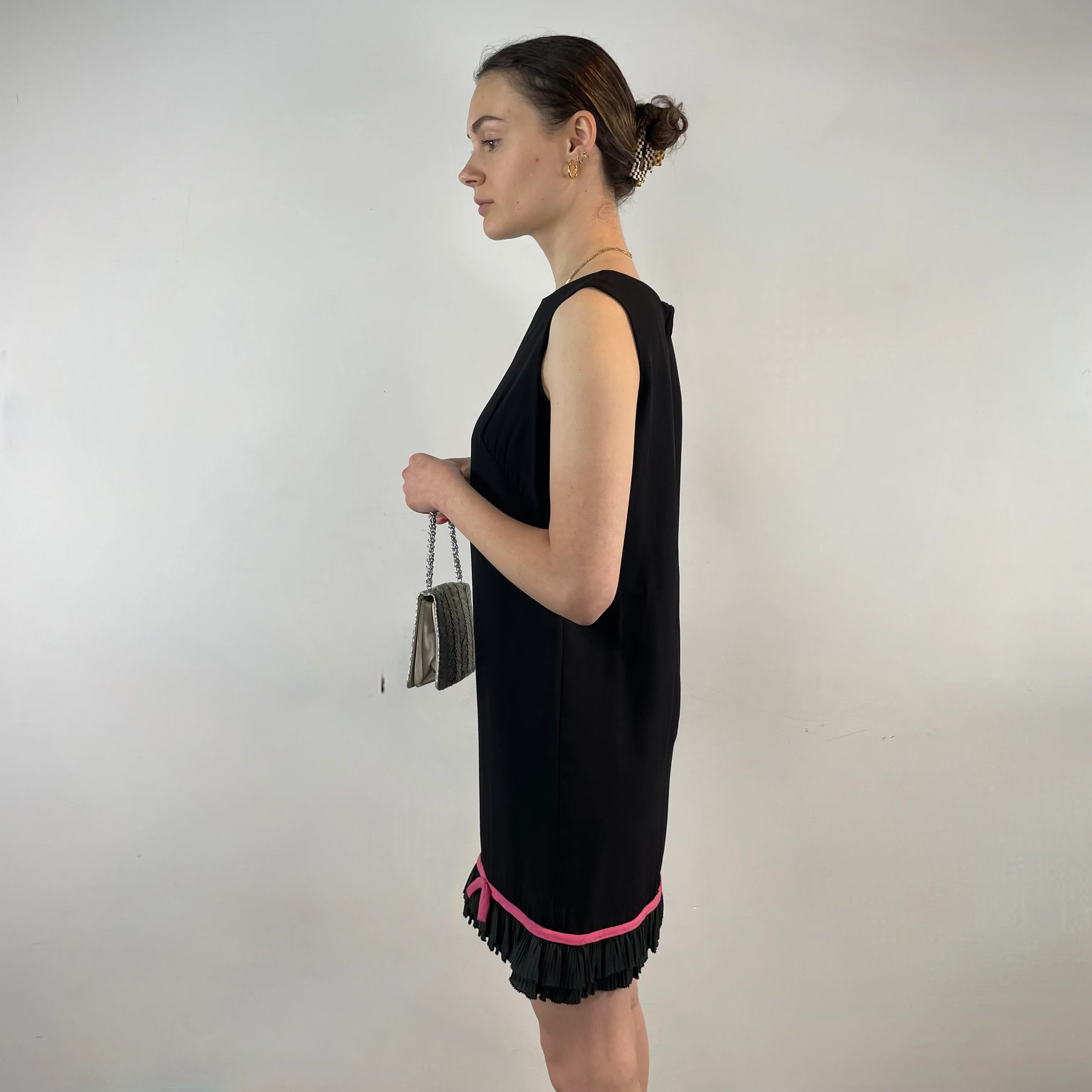 1960s Black Crepe Shift Dress with Pink Ribbon Hem Detail S/M - Image 3