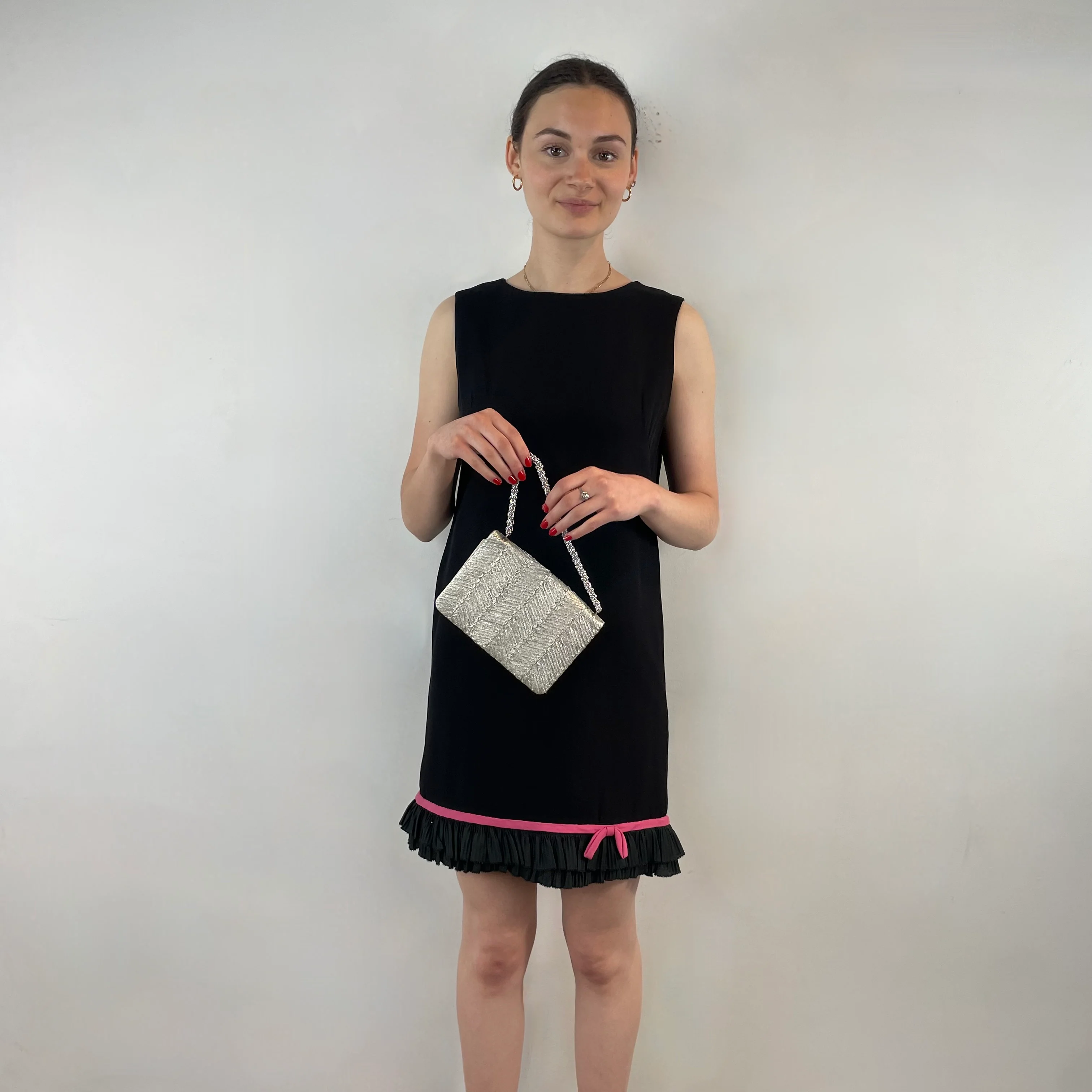 1960s Black Crepe Shift Dress with Pink Ribbon Hem Detail S/M - Image 4