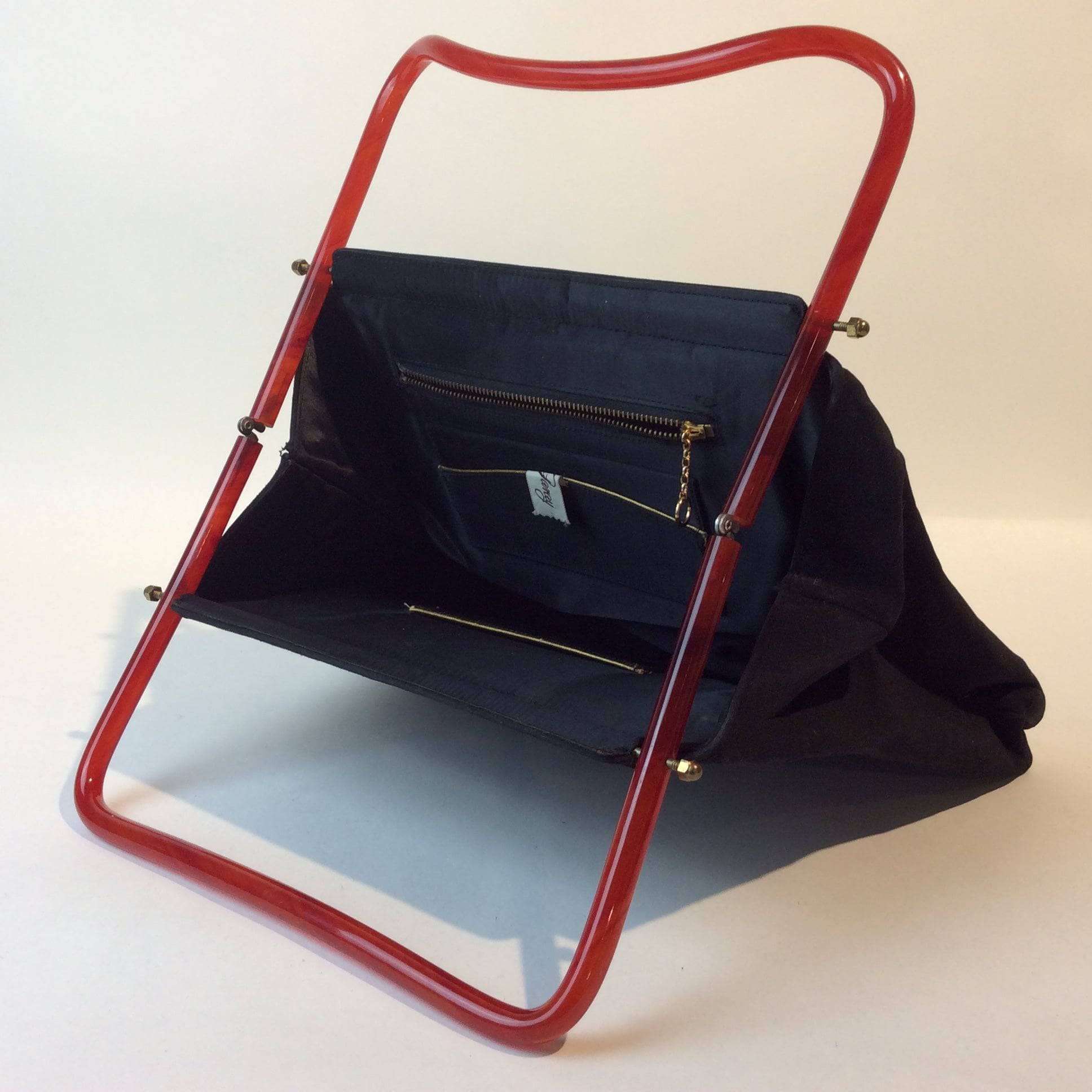 1960s Black Fabric Handbag with Orange Lucite Handles - Image 2