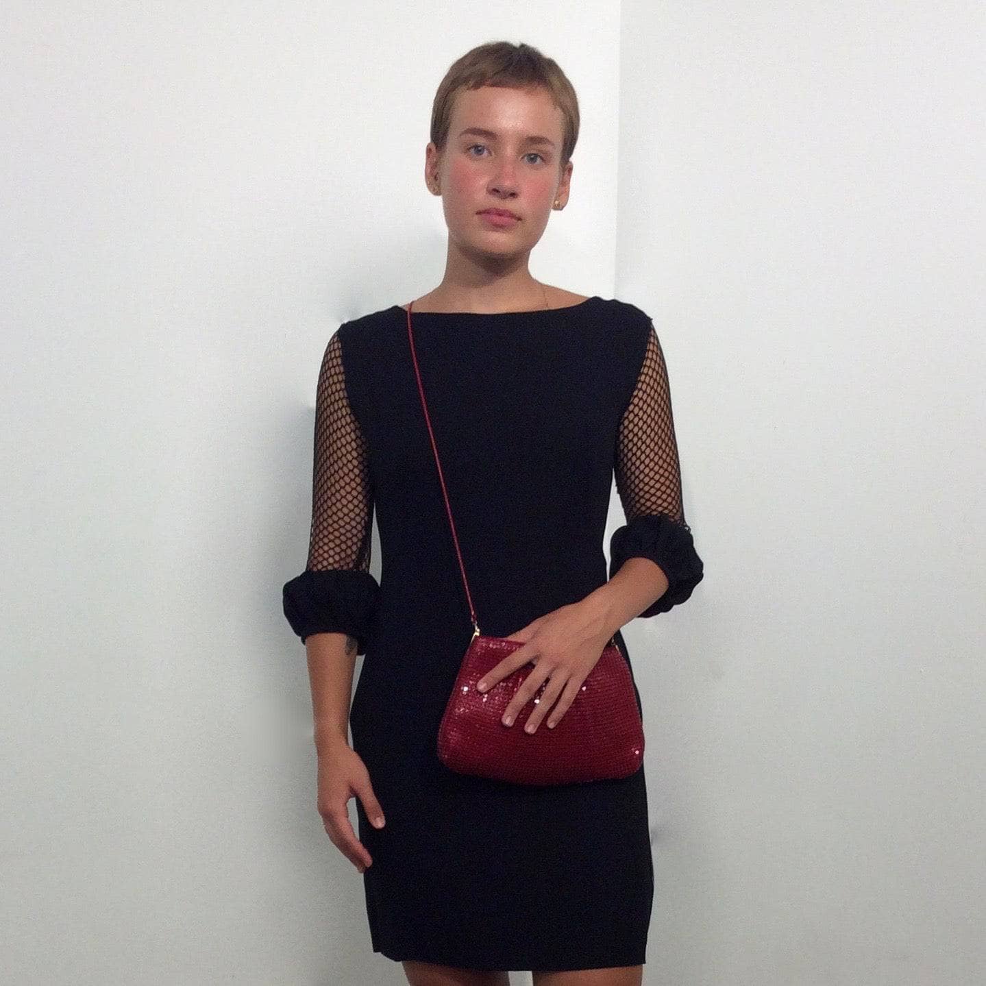 1960s Black Mini Shift Dress with Mesh Sleeves S