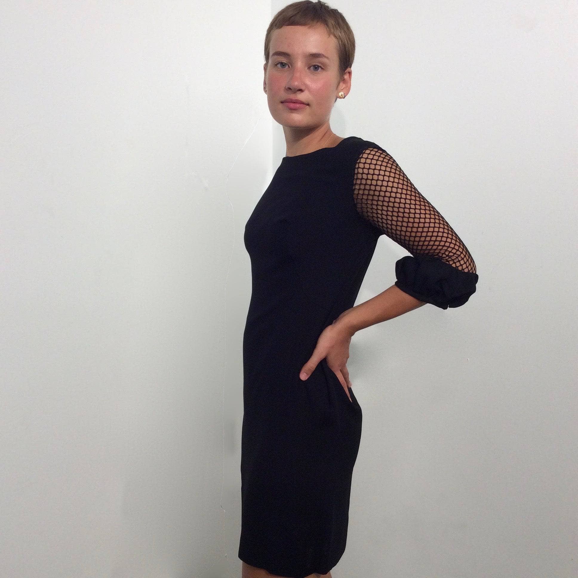 1960s Black Mini Shift Dress with Mesh Sleeves S - Image 2