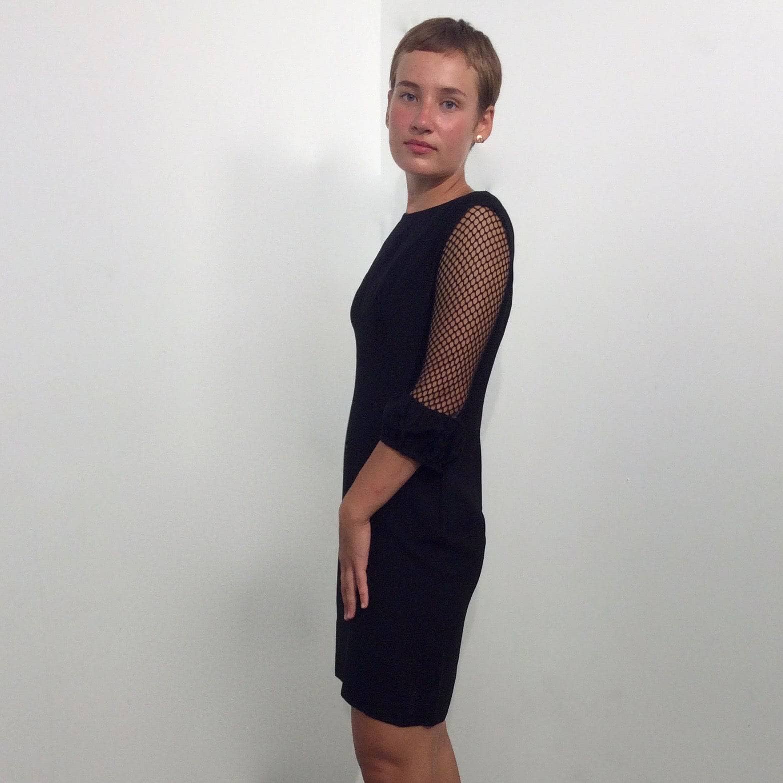 1960s Black Mini Shift Dress with Mesh Sleeves S - Image 3