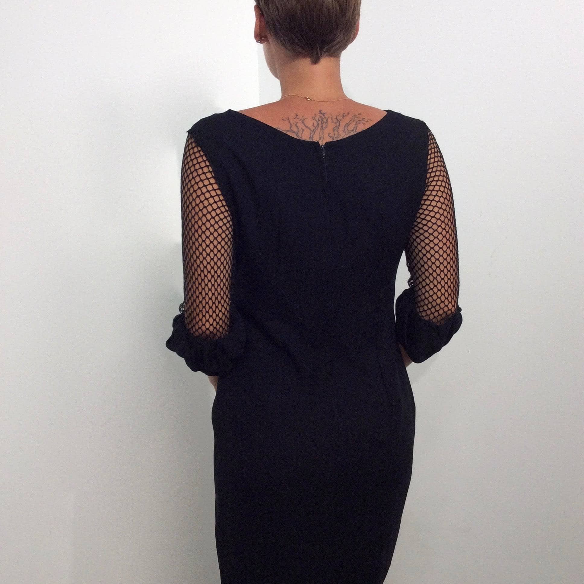 1960s Black Mini Shift Dress with Mesh Sleeves S - Image 4