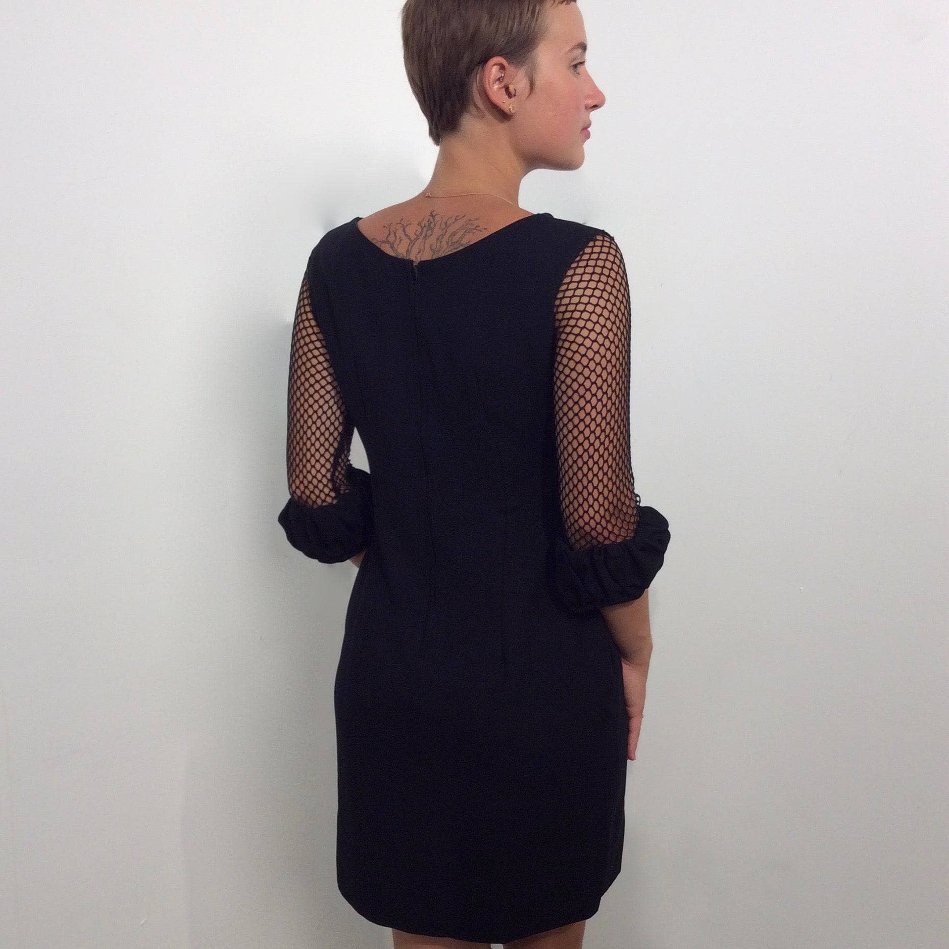 1960s Black Mini Shift Dress with Mesh Sleeves S - Image 5