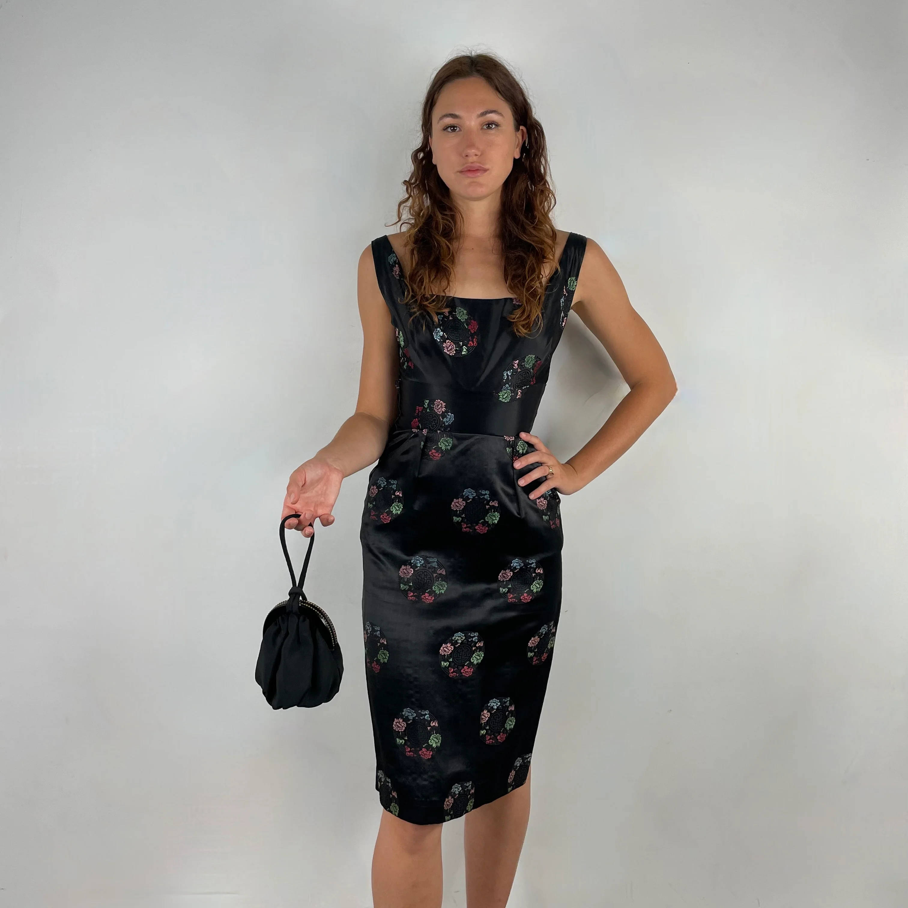 1960s Black Satin Brocade Midi Dress Small