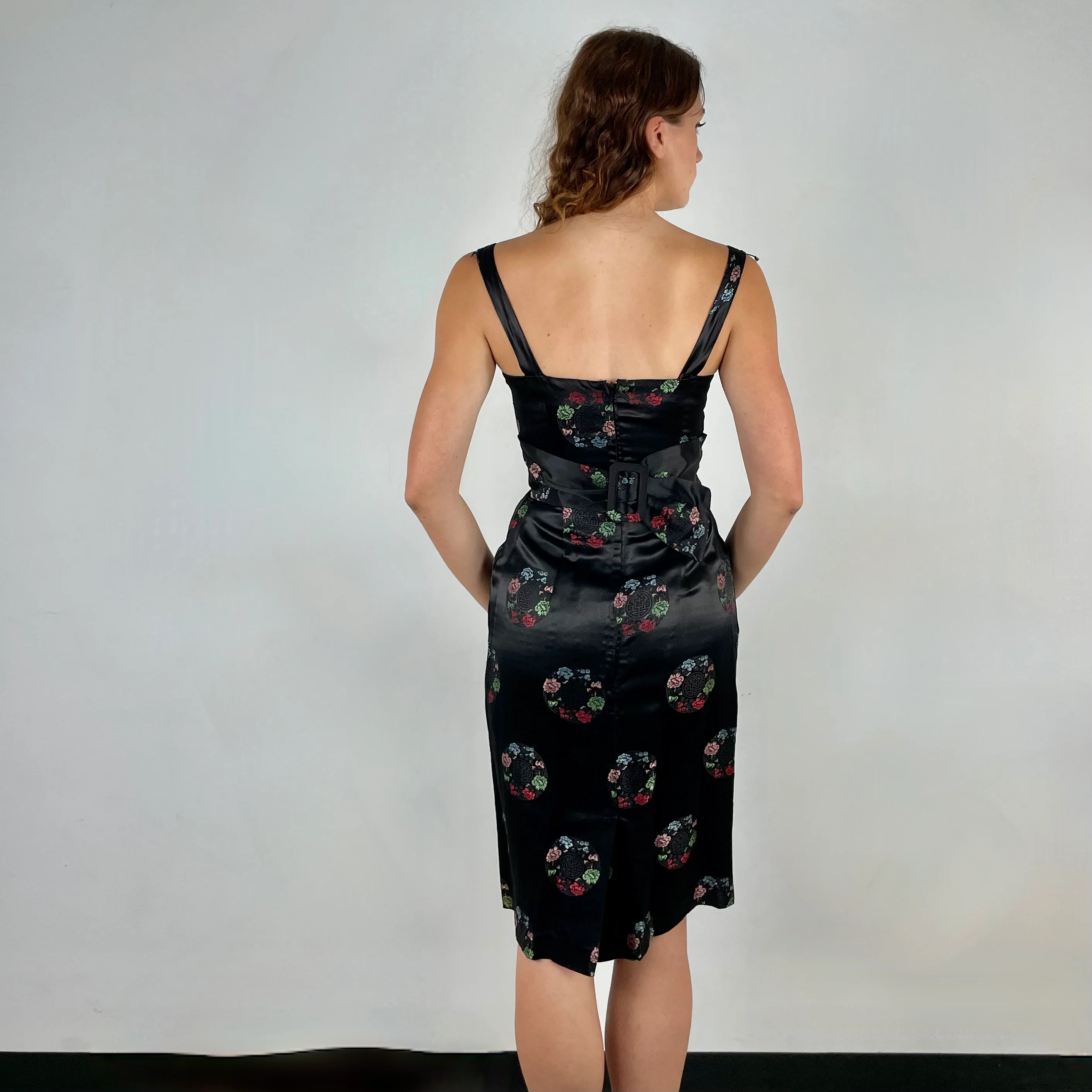 1960s Black Satin Brocade Midi Dress Small - Image 2