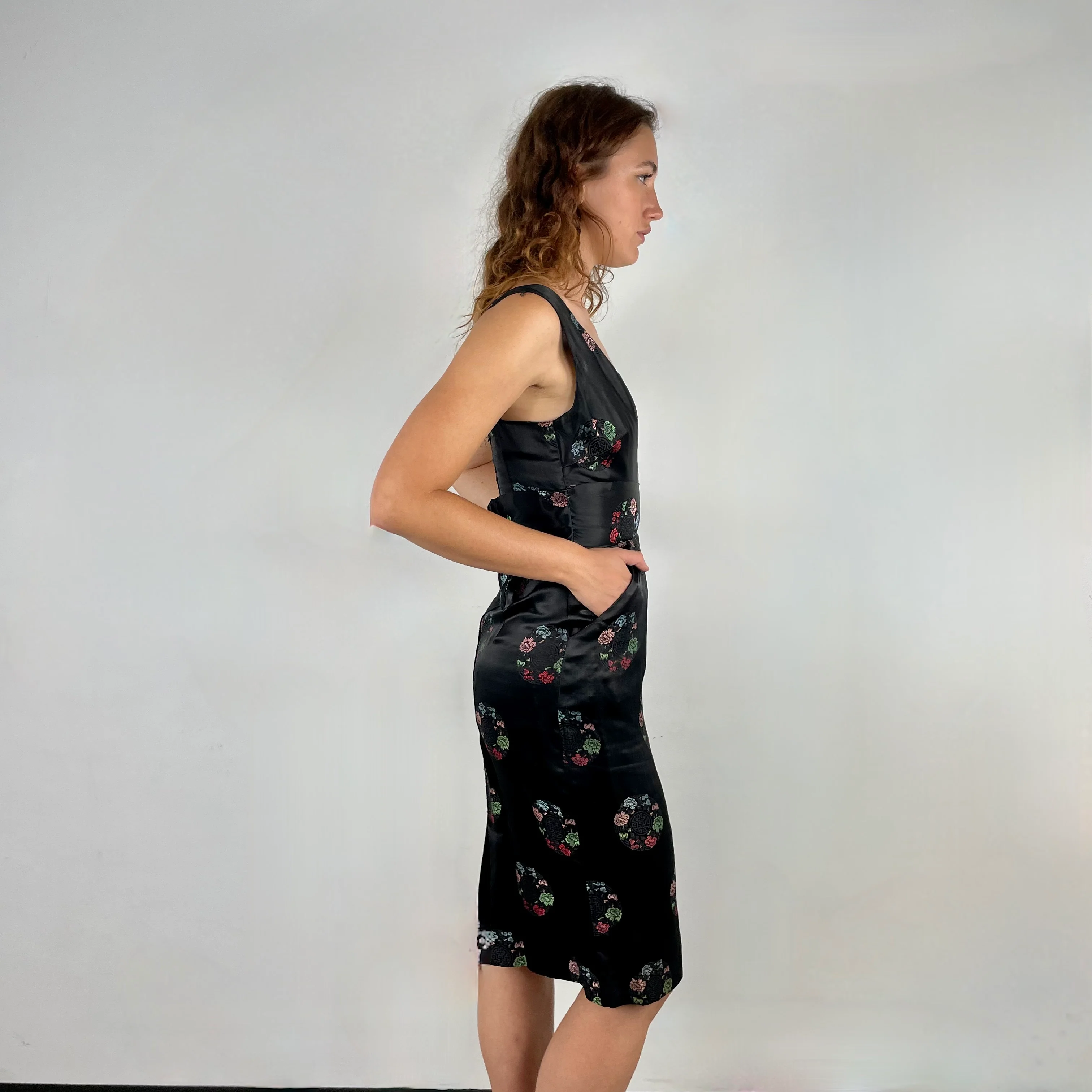 1960s Black Satin Brocade Midi Dress Small - Image 3