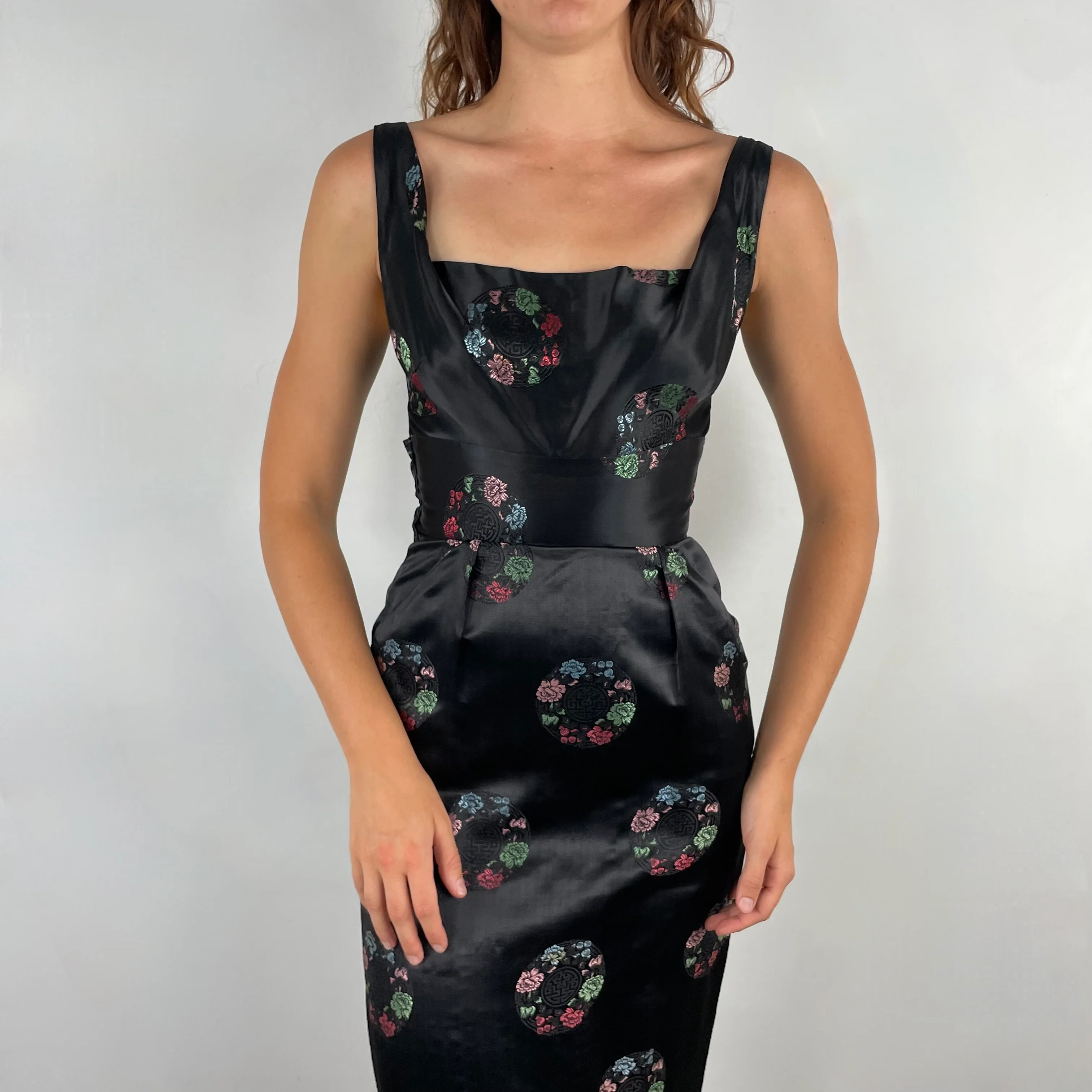 1960s Black Satin Brocade Midi Dress Small - Image 4