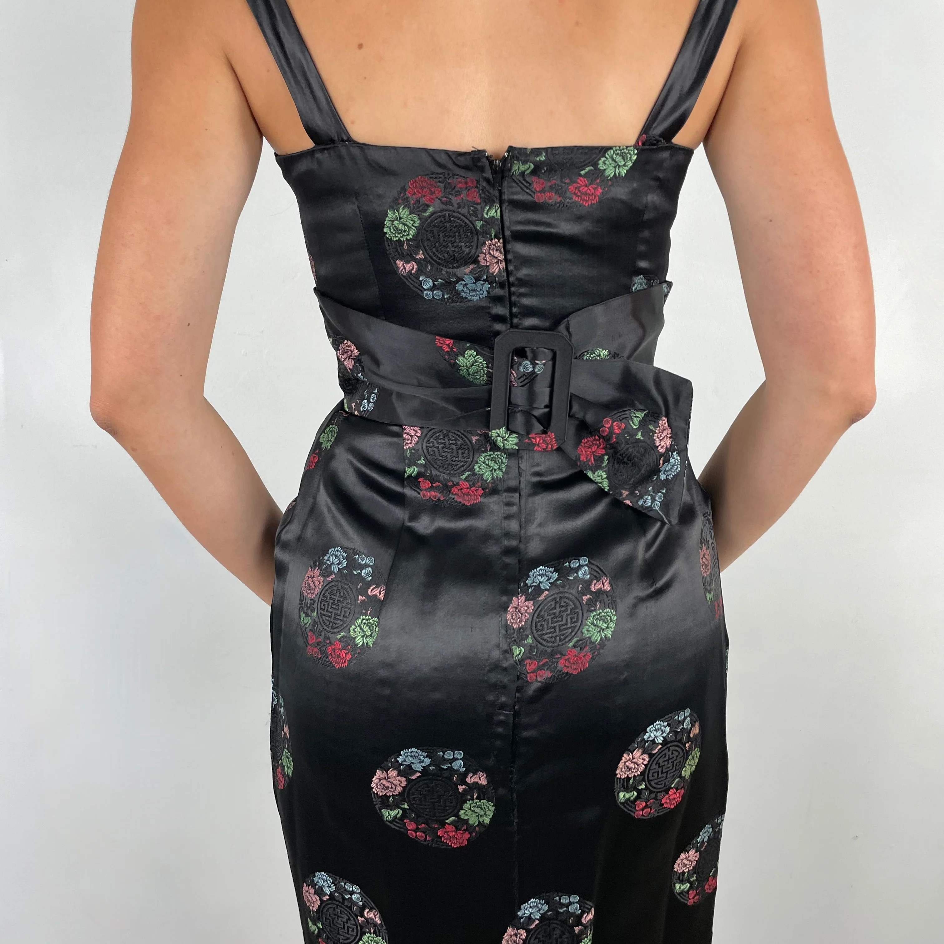 1960s Black Satin Brocade Midi Dress Small - Image 5