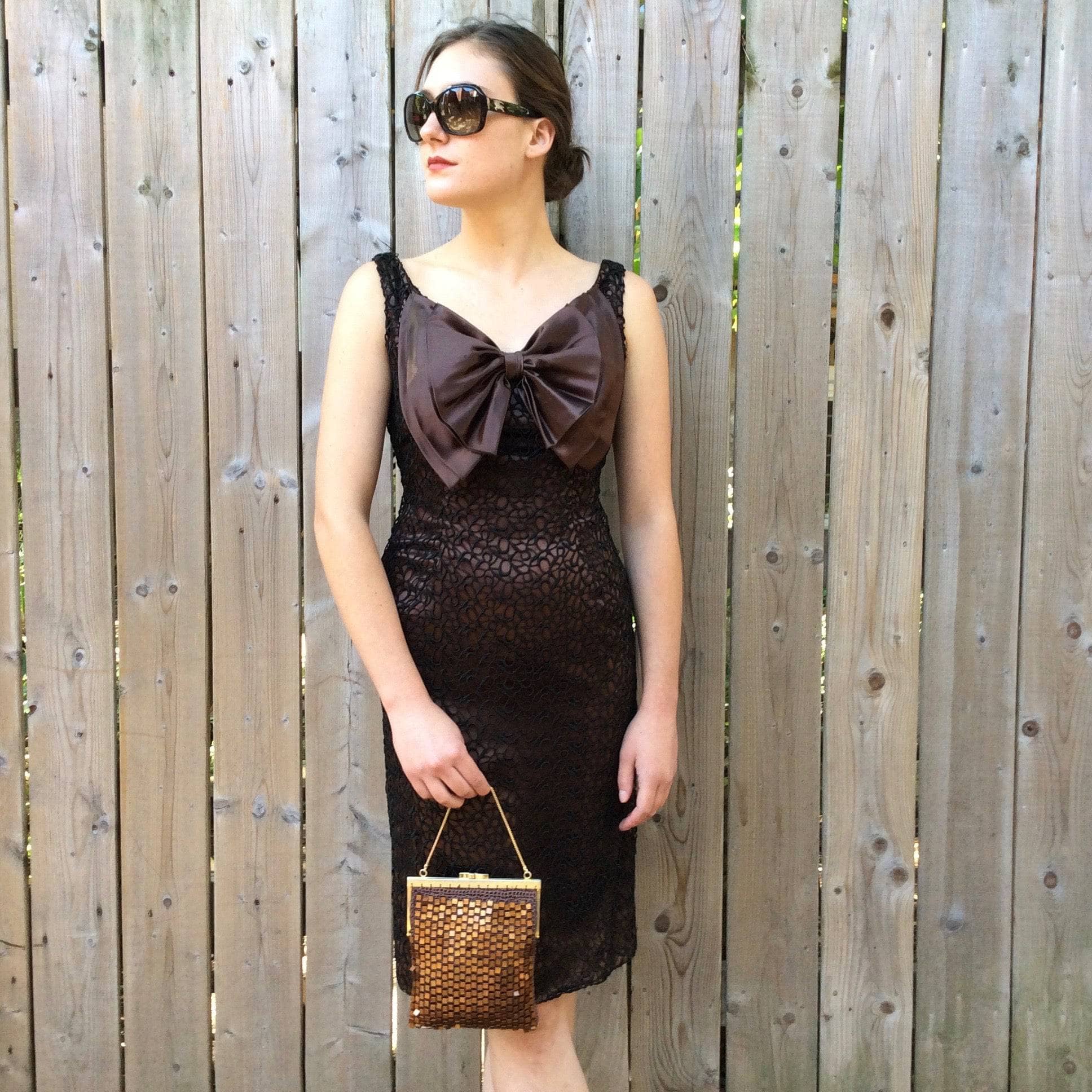 1960s Brown Satin Cocktail Dress with Oversize Bow S/M