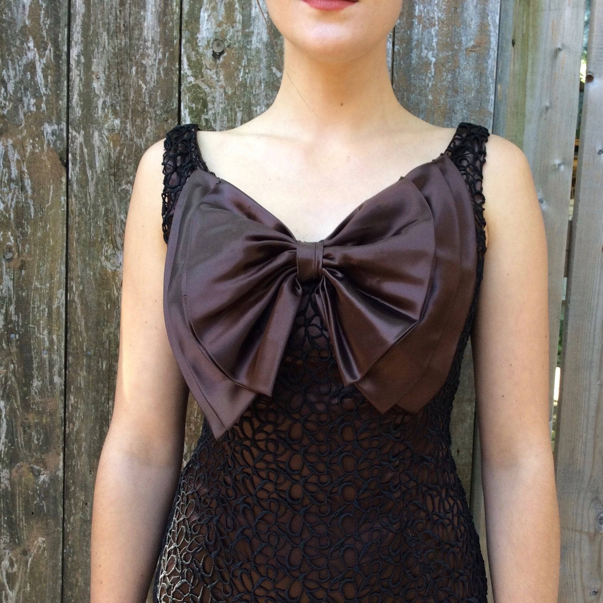 1960s Brown Satin Cocktail Dress with Oversize Bow S/M - Image 3