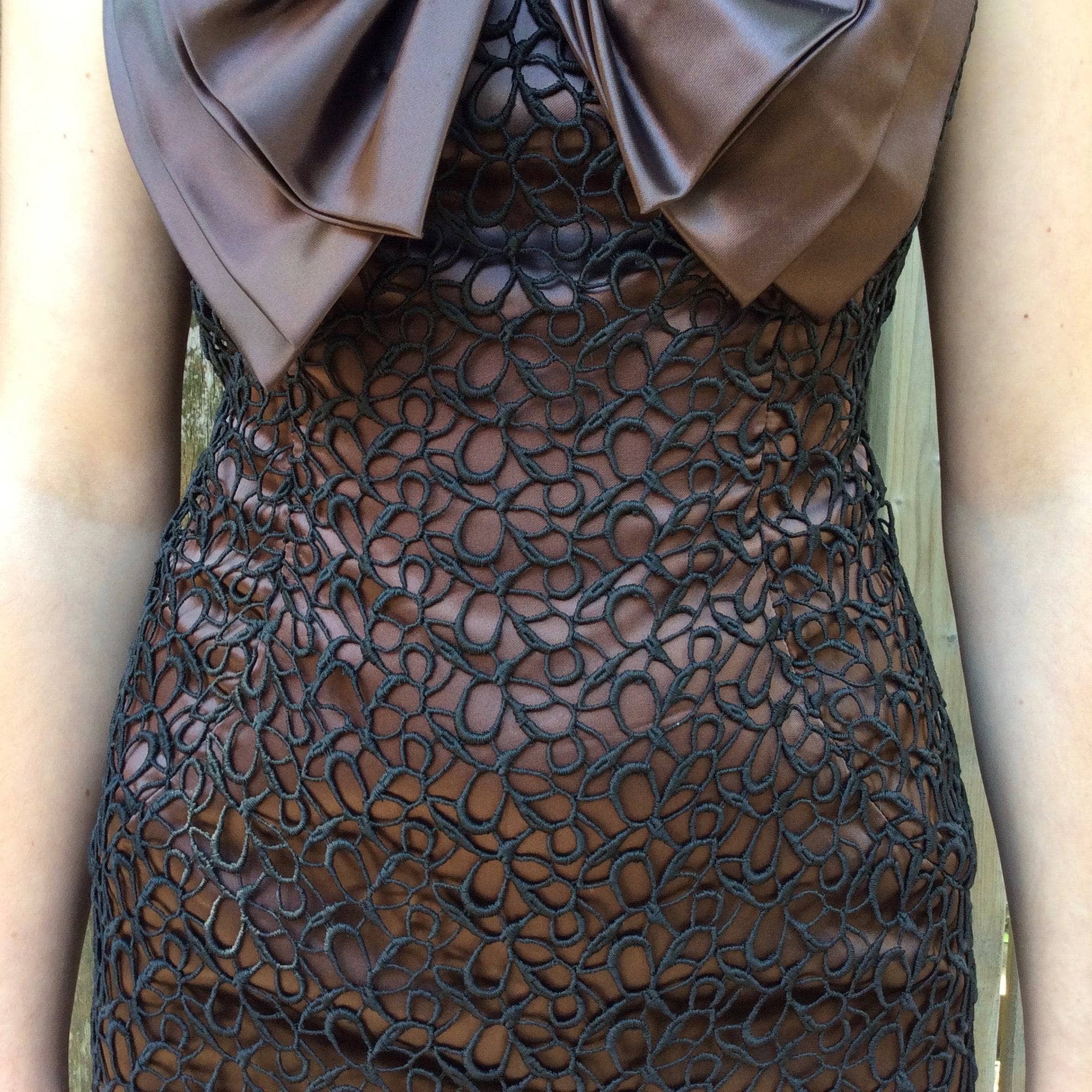 1960s Brown Satin Cocktail Dress with Oversize Bow S/M - Image 4
