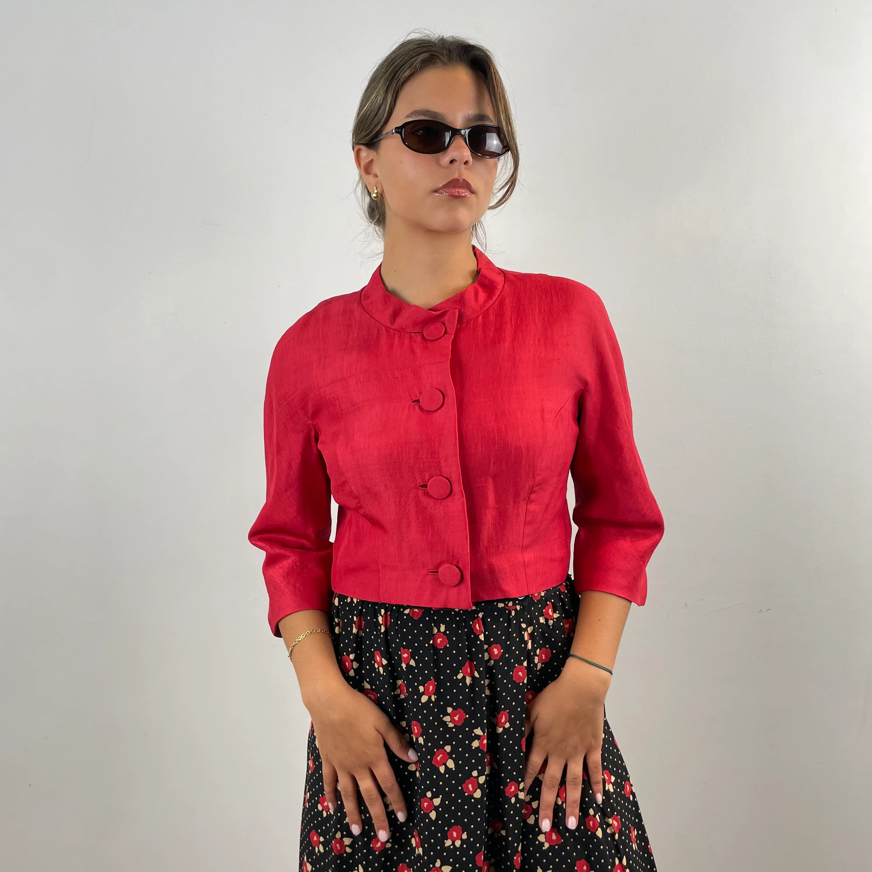 1960s Cherry Red Silk Shantung Bolero Blazer Medium