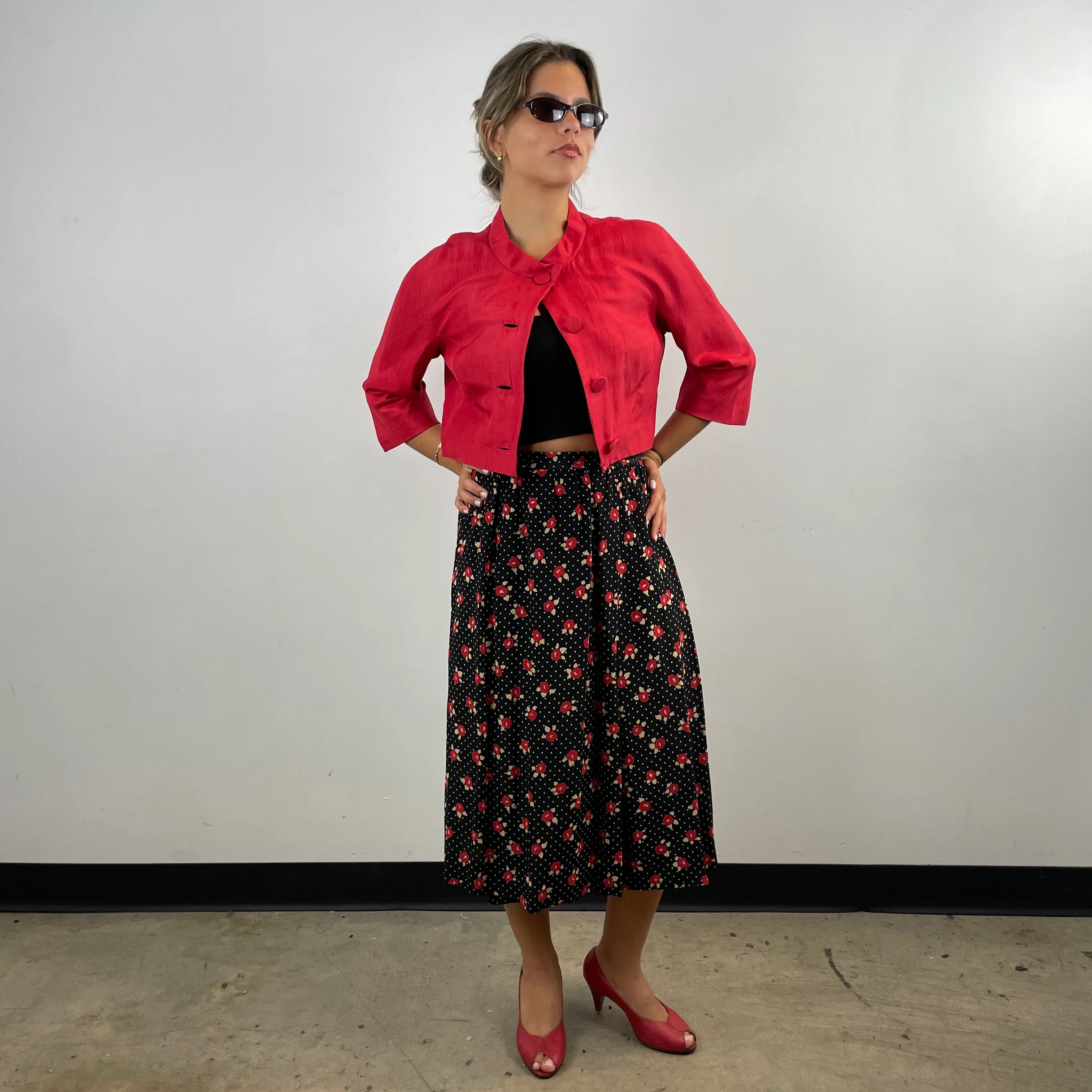 1960s Cherry Red Silk Shantung Bolero Blazer Medium - Image 2