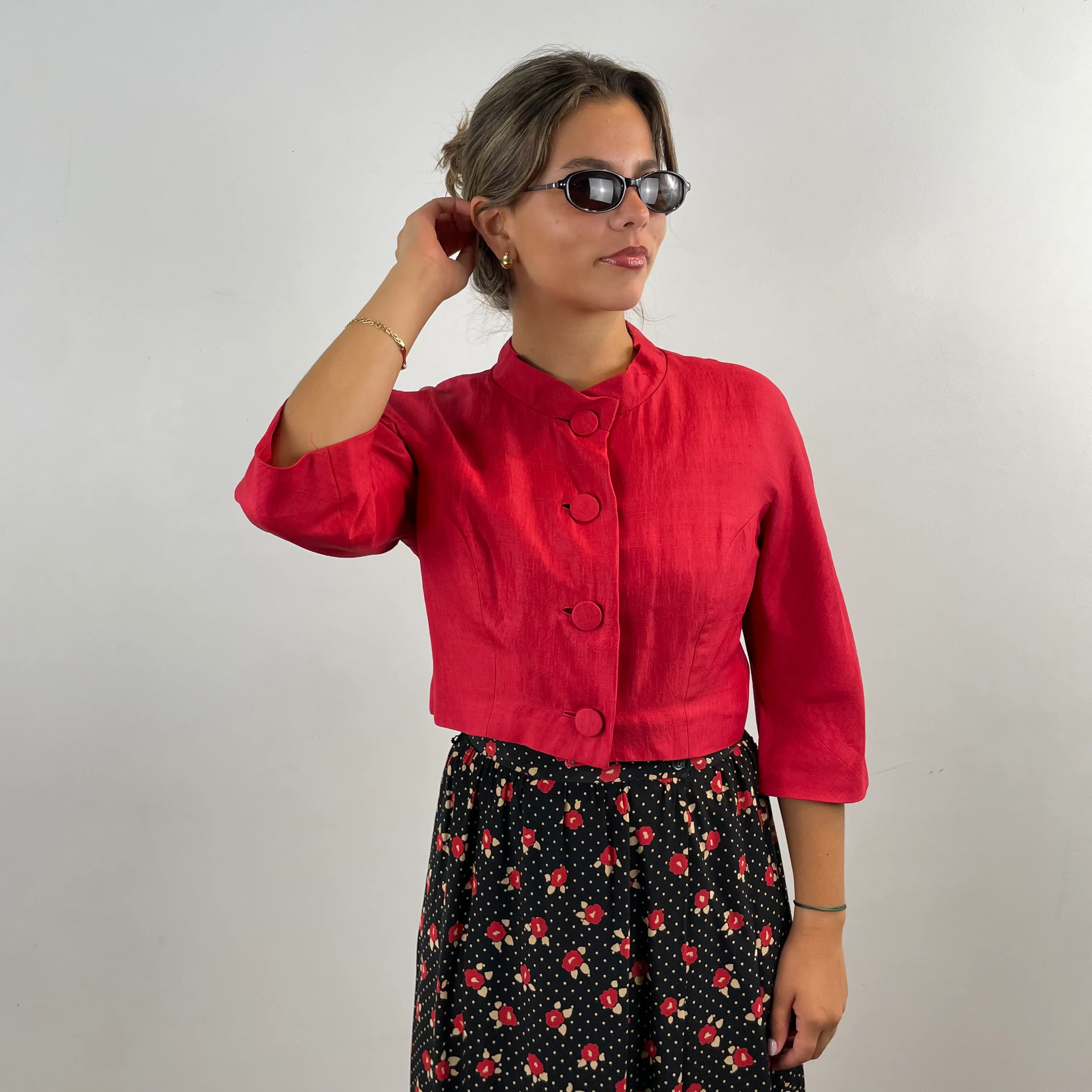 1960s Cherry Red Silk Shantung Bolero Blazer Medium - Image 5