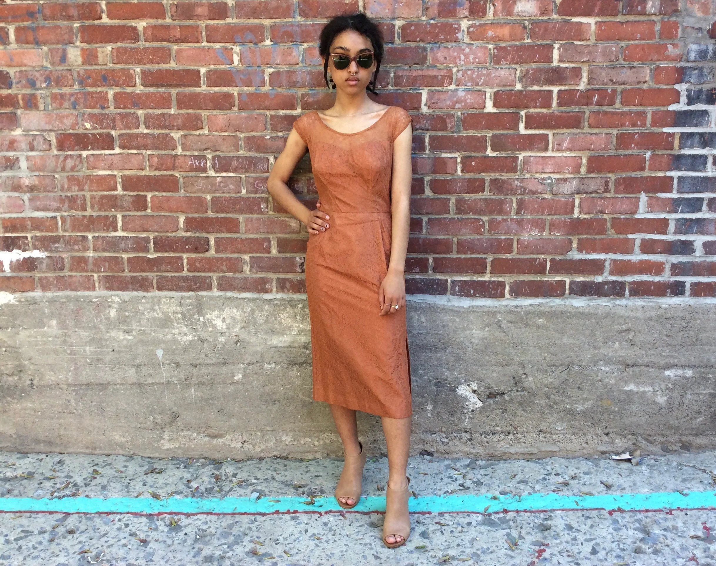 1960s Copper Lace Midi Cocktail Dress Small/Medium