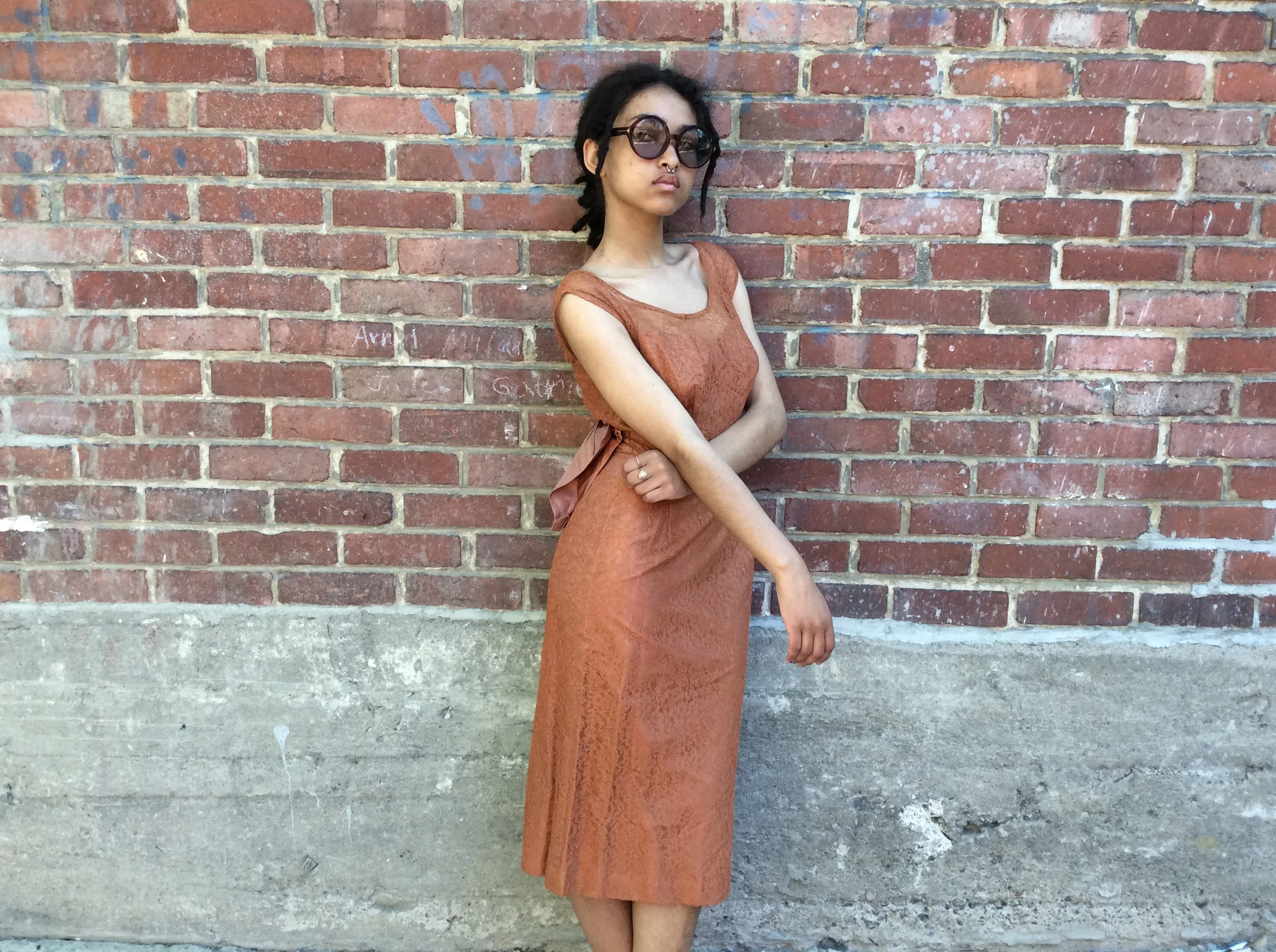 1960s Copper Lace Midi Cocktail Dress Small/Medium - Image 5
