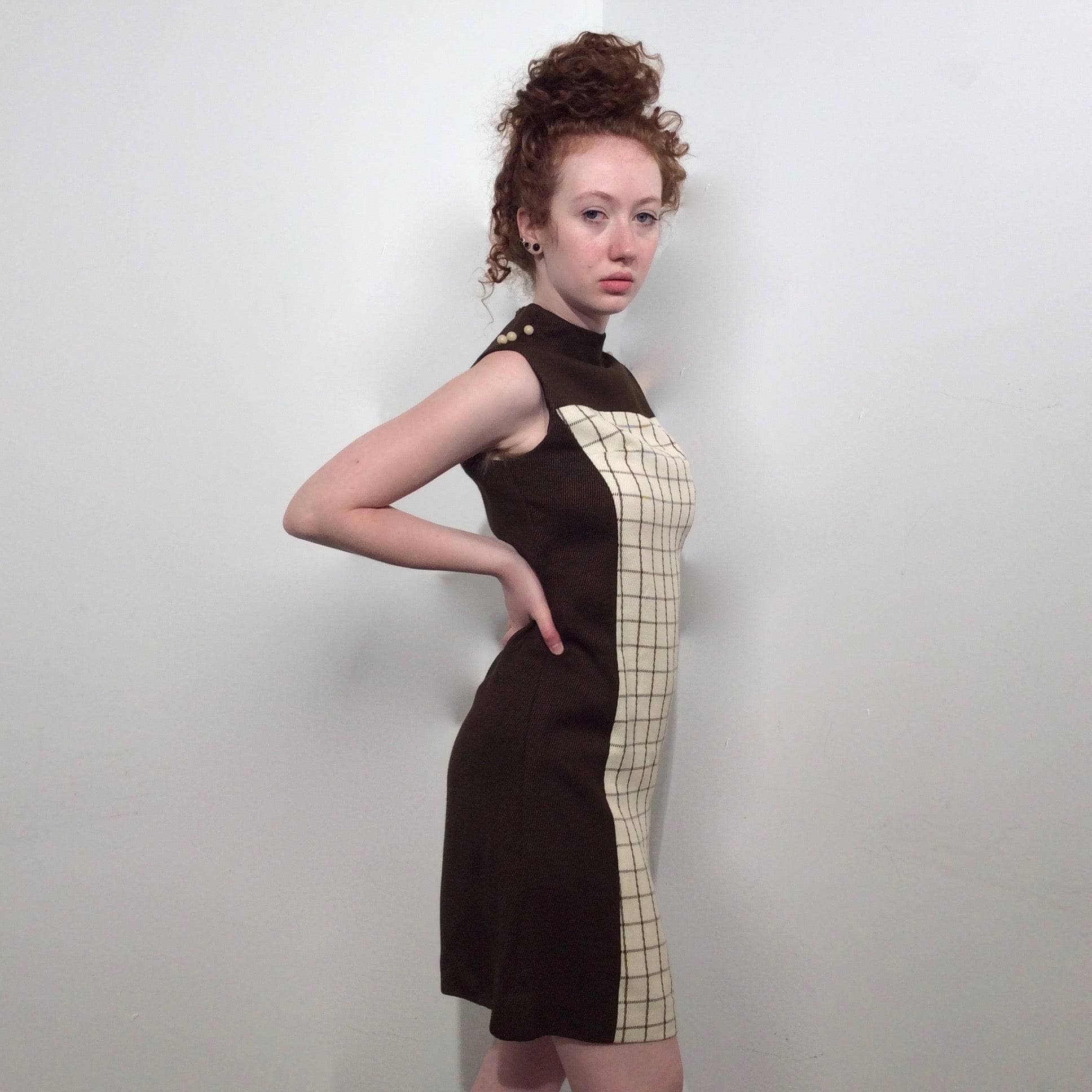 1960s Deadstock Checkered Mini Shift Dress Small - Image 2