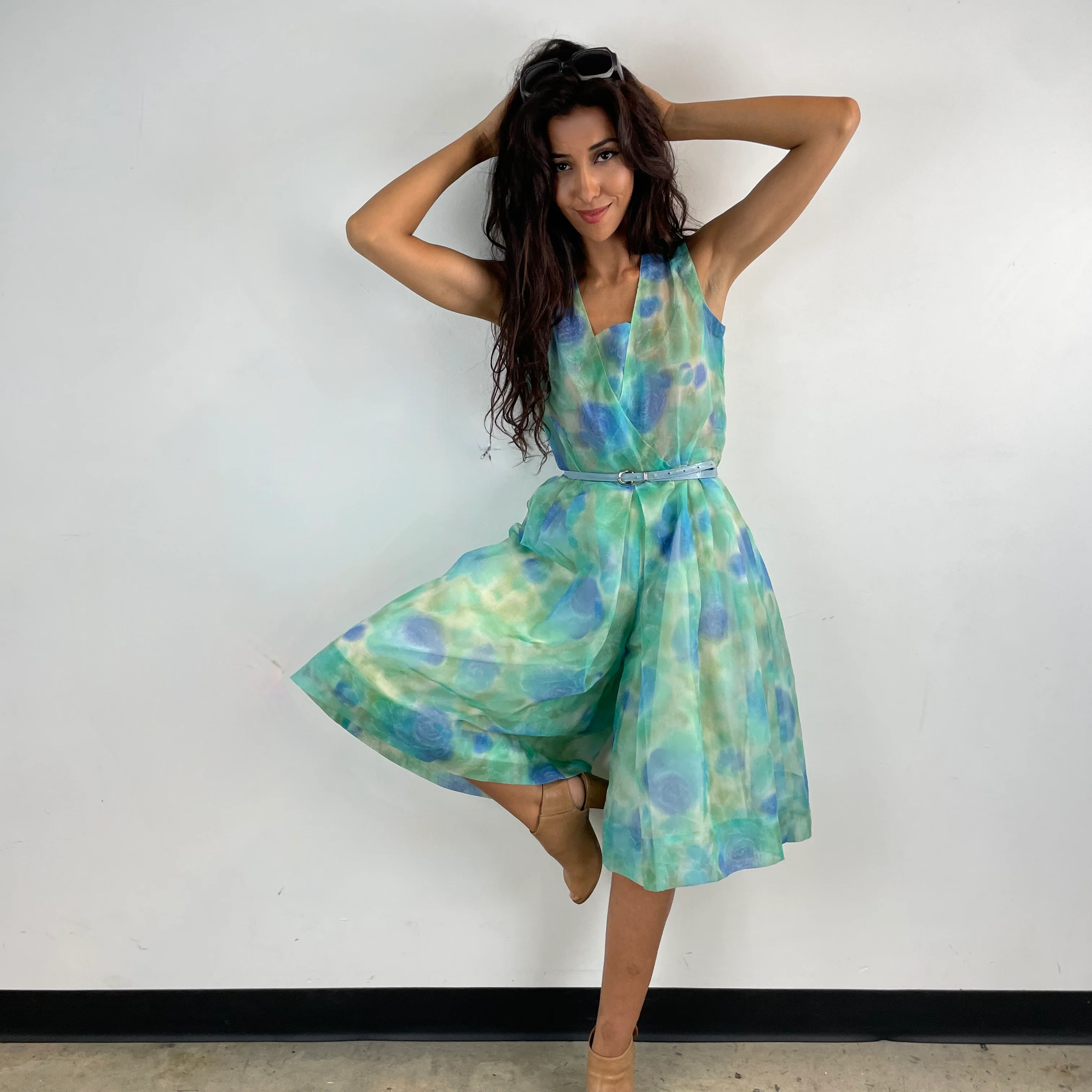 1960s Floral Print Sheer Culotte Dress Small