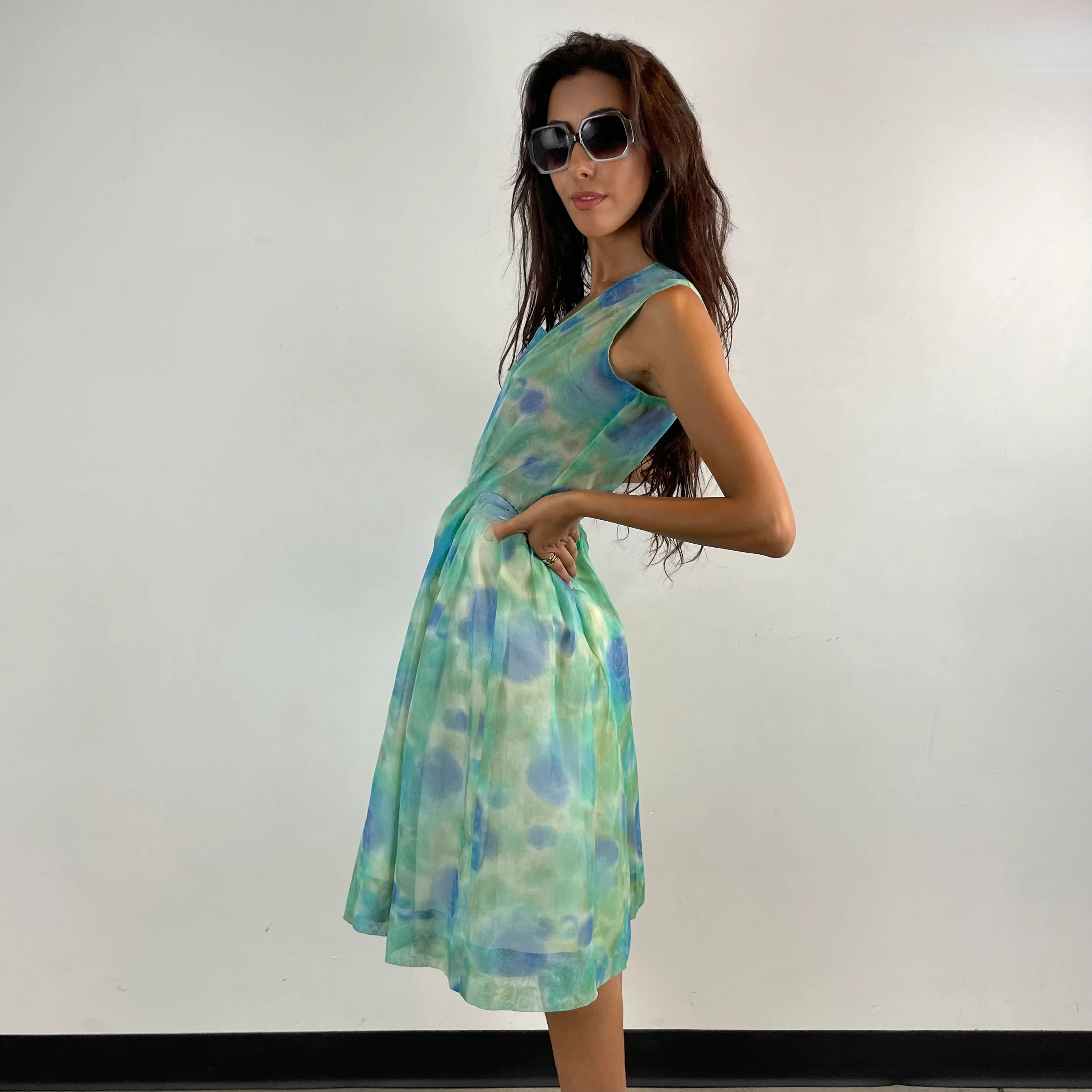 1960s Floral Print Sheer Culotte Dress Small - Image 2