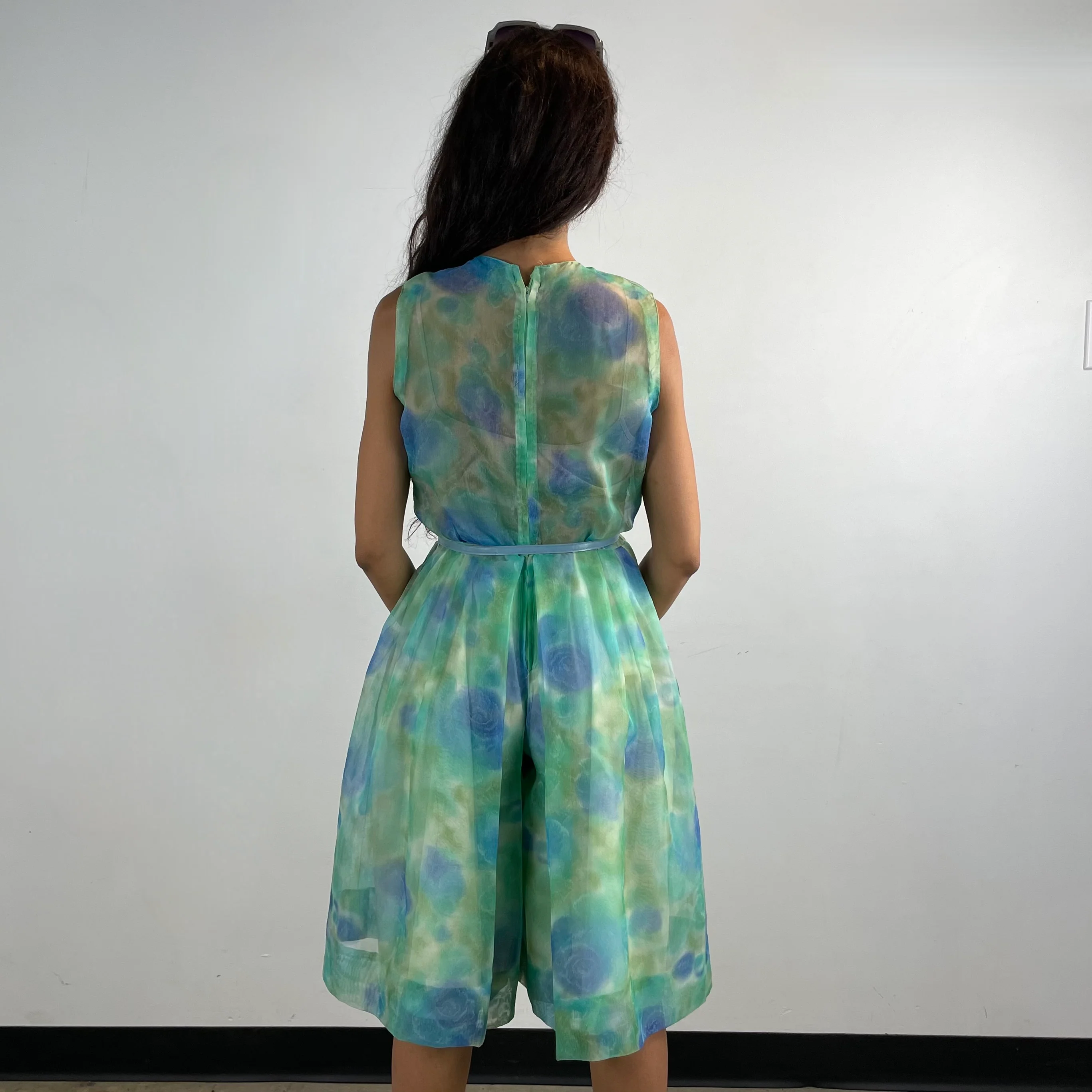 1960s Floral Print Sheer Culotte Dress Small - Image 3